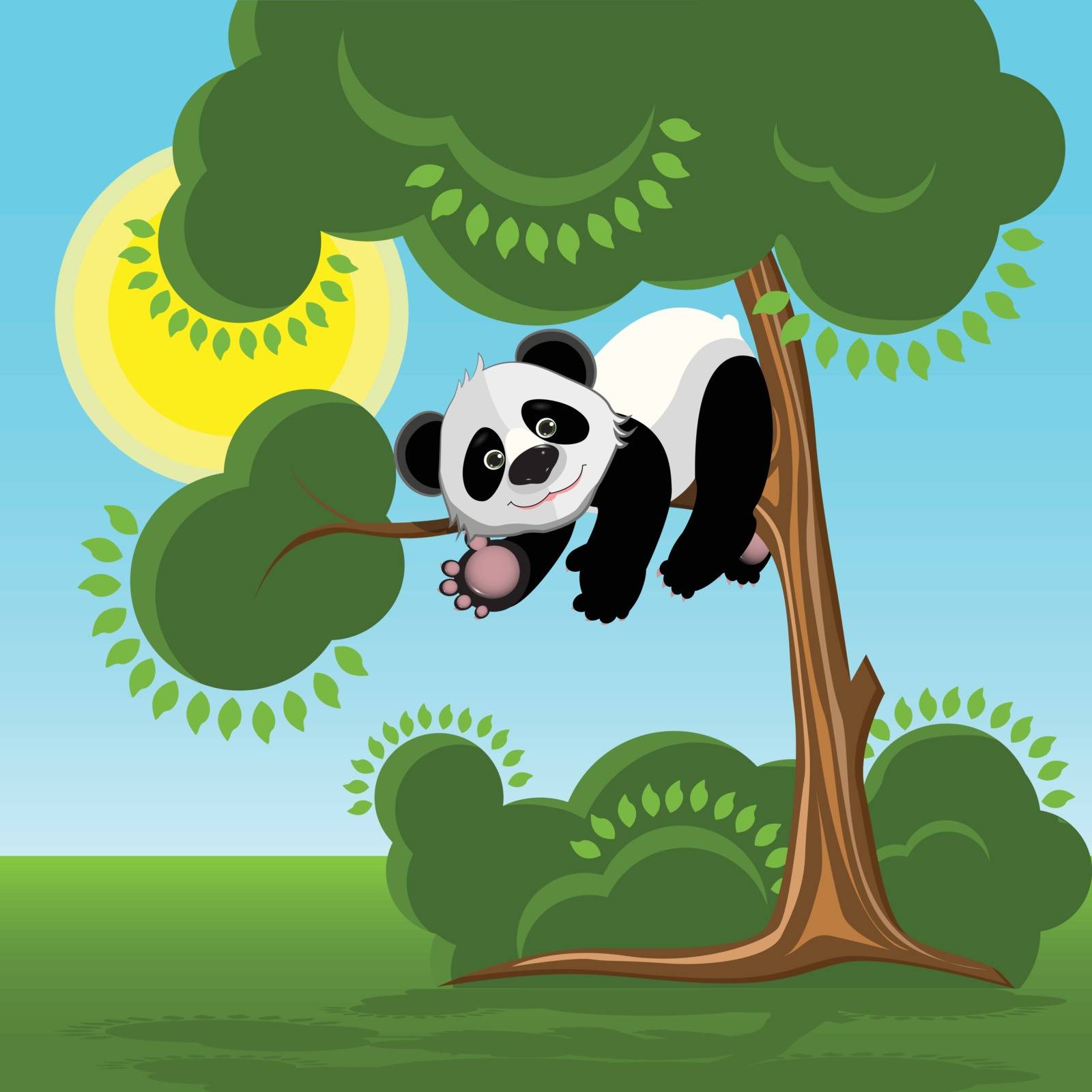 Illustration Panda on the Tree on the Background of the Blue Sky