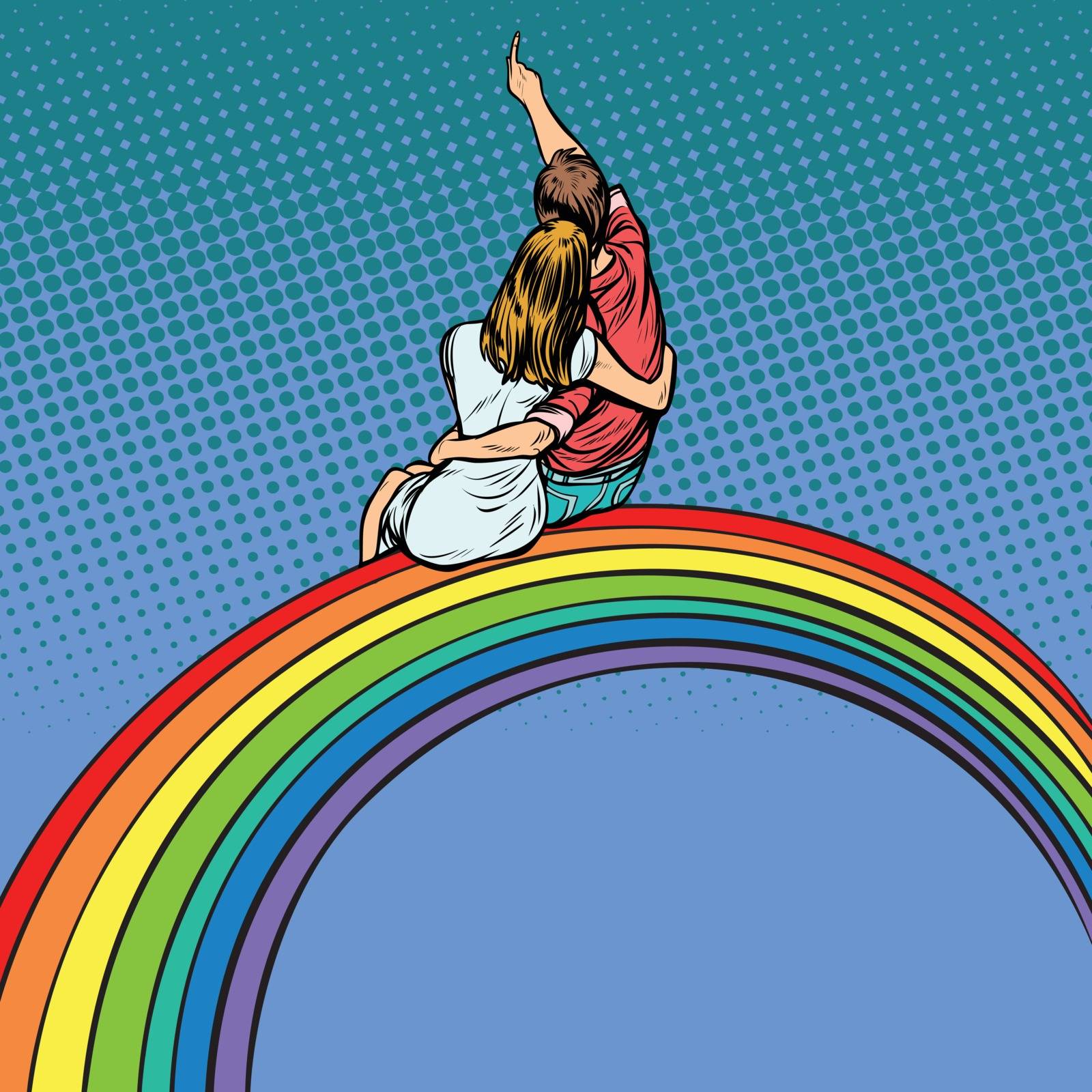 loving couple man and woman sitting on a rainbow, romantic date by studiostoks