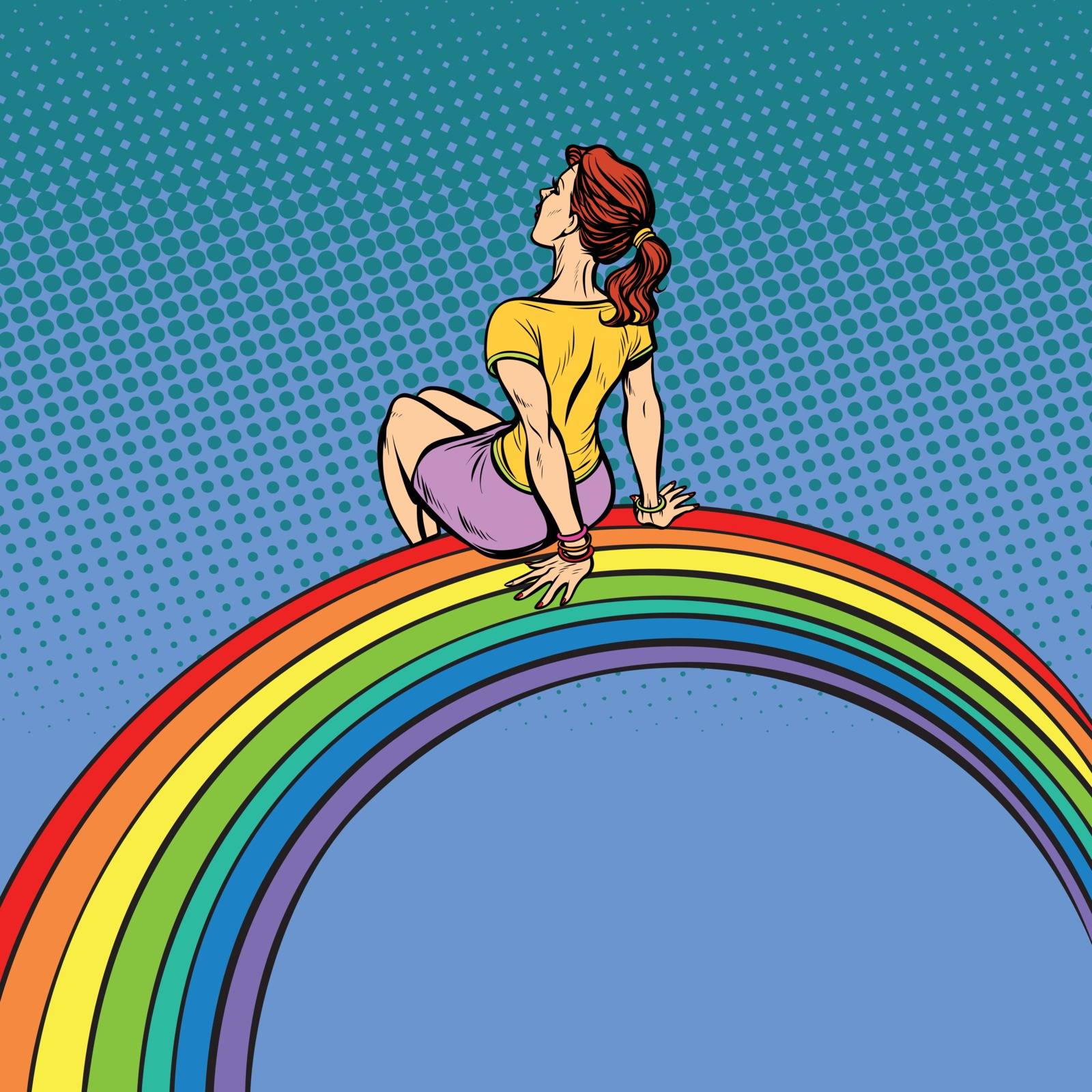 The girl visionary young woman sitting on a rainbow by studiostoks