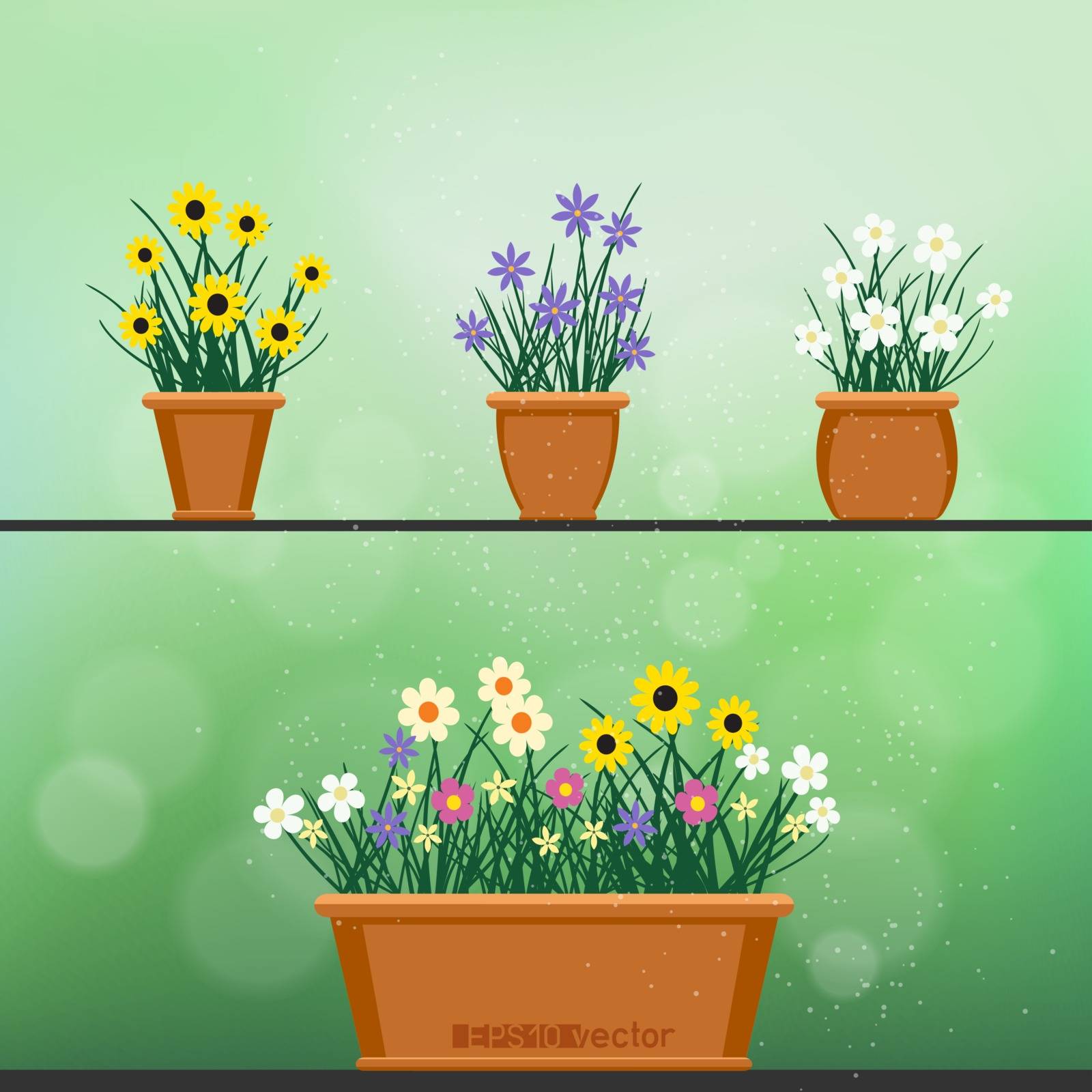Flowerpot with flowers plant and grass on green blur bokeh background. Nature spring or summer abstract flora set. Chamomile cornflower violet snowdrop bouquet grow in pot. Easy to edit