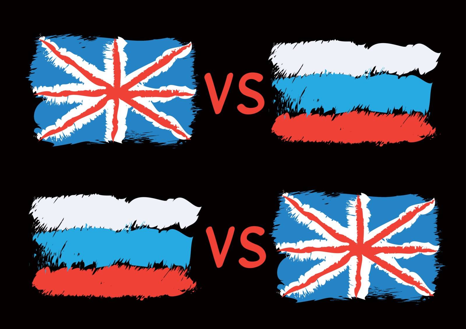 Conflict between Great Britain and Russia. Rectangular flags on dark background. Cold war illustration