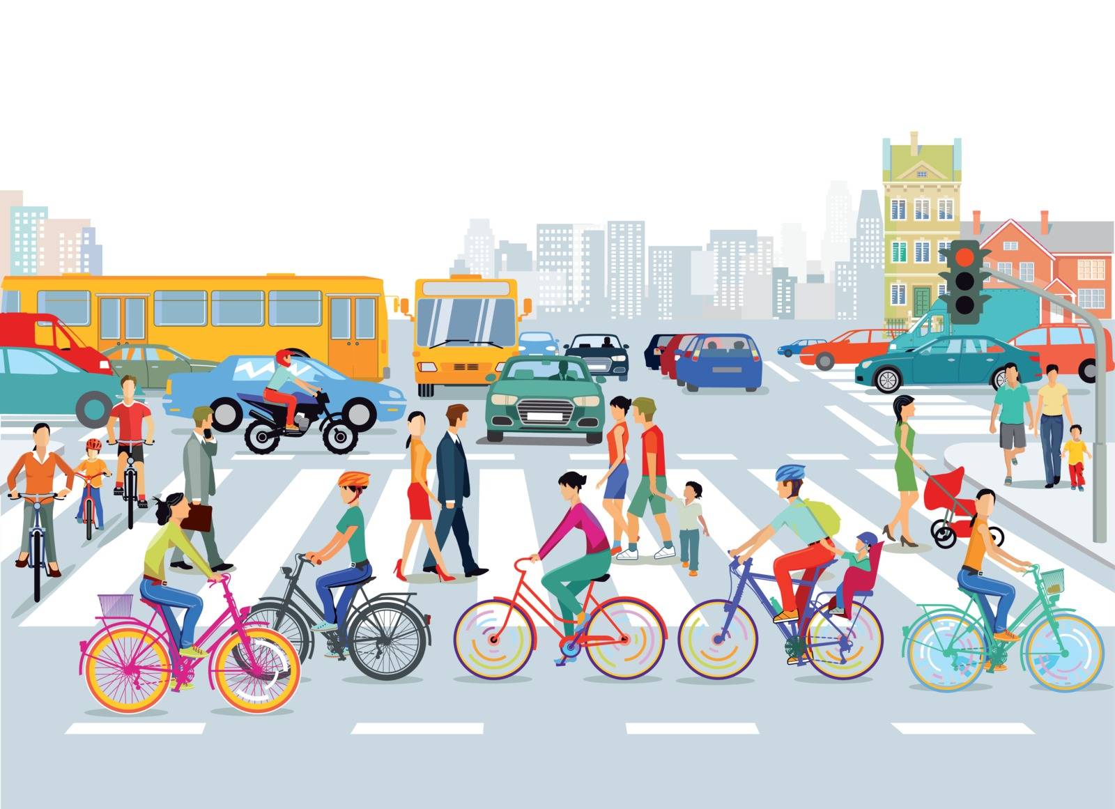 City with road traffic, cyclists and pedestrians, illustration