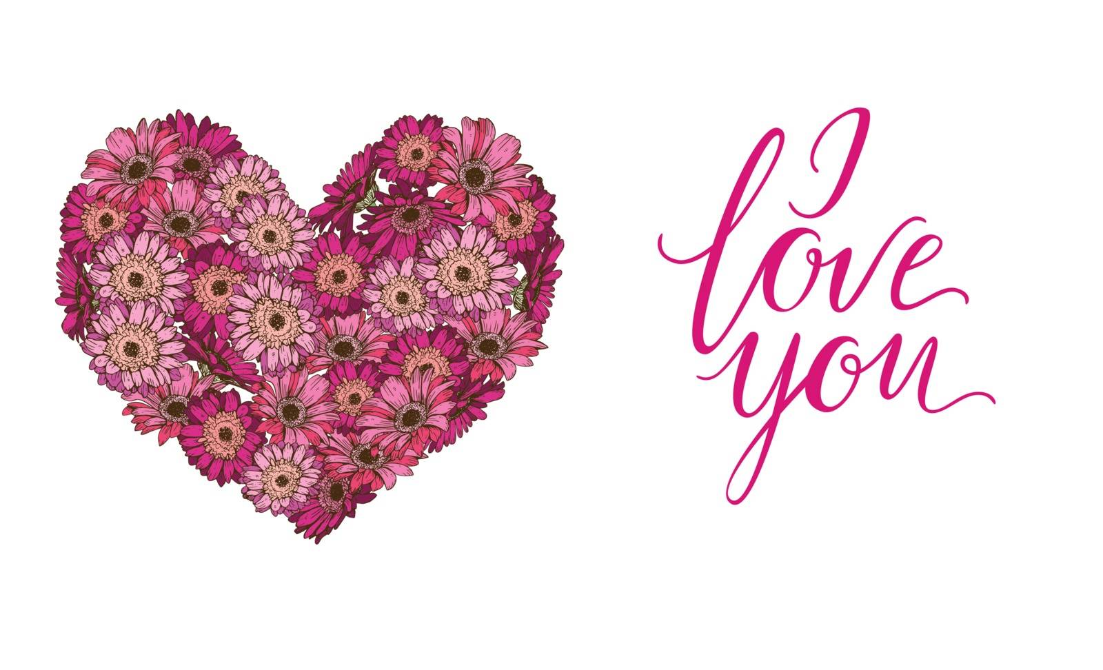 Heart of pink and violet daisies flowers and lettering I LOVE YOU. Vector