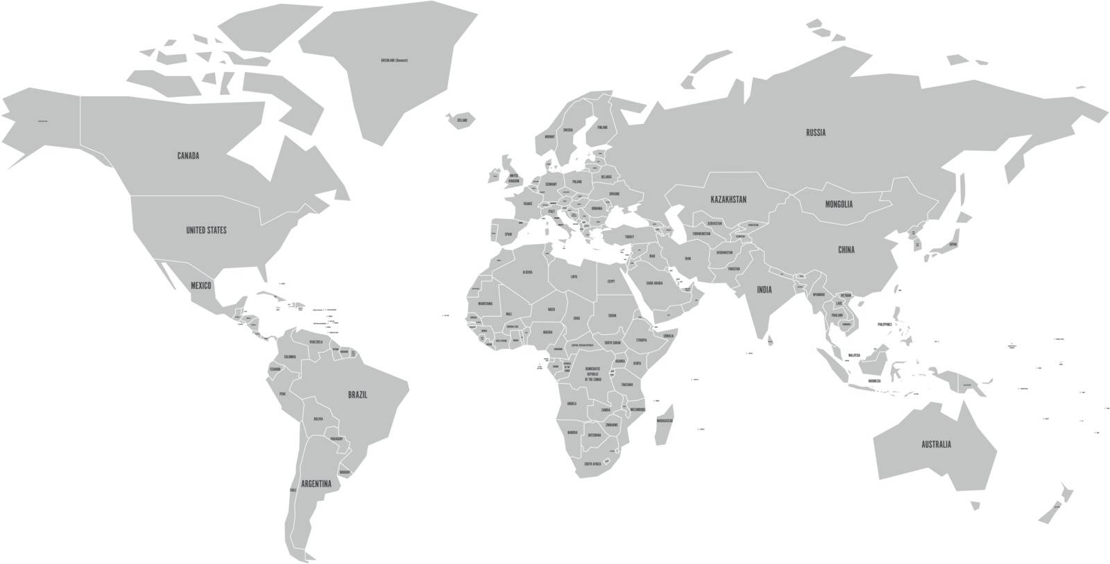 Simplified map of World in grey with country name labeling. Schematic vector map with small states or ministates.