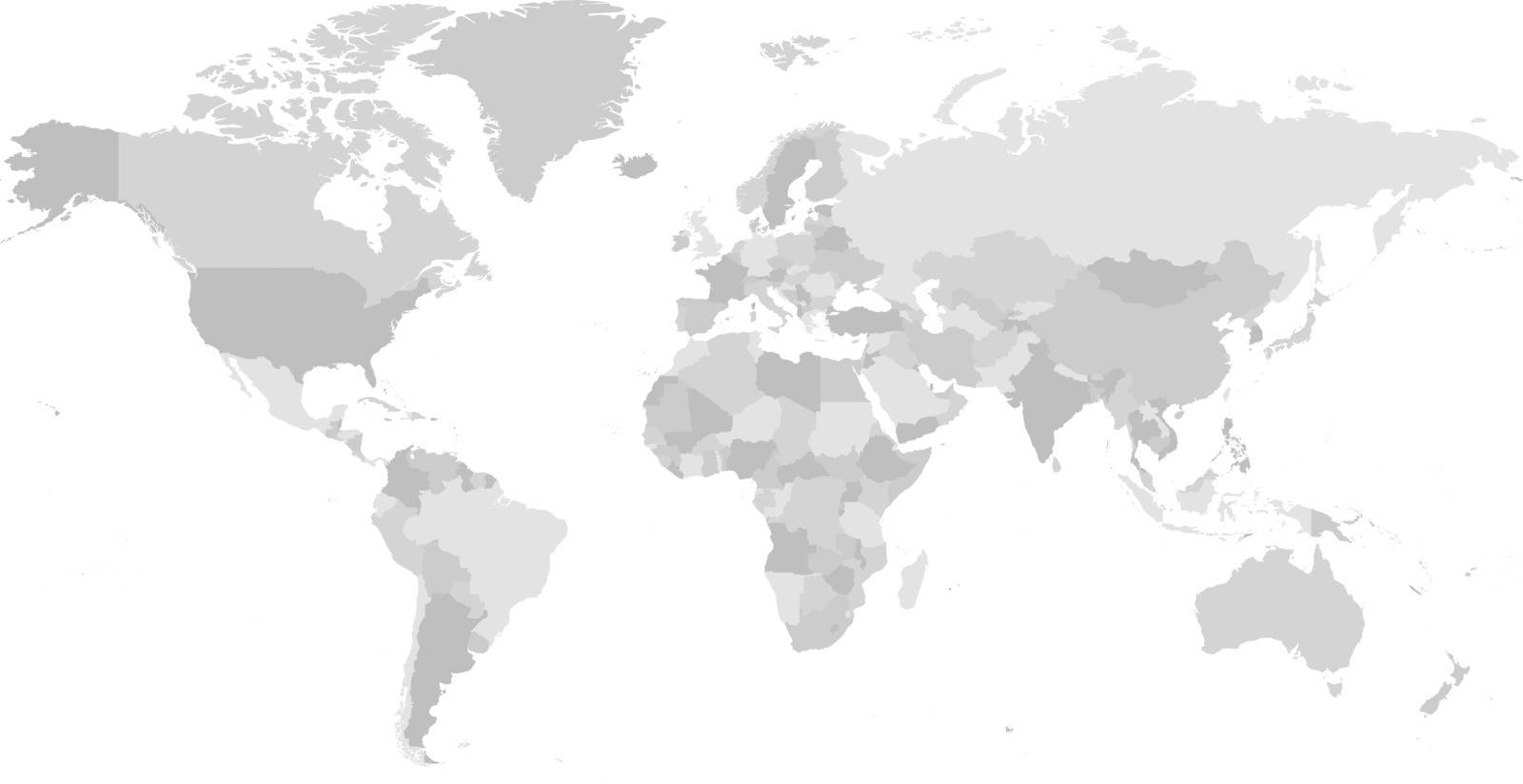 World map in four shades of grey on white background. High detail blank political map. Vector illustration with labeled compound path of each country.