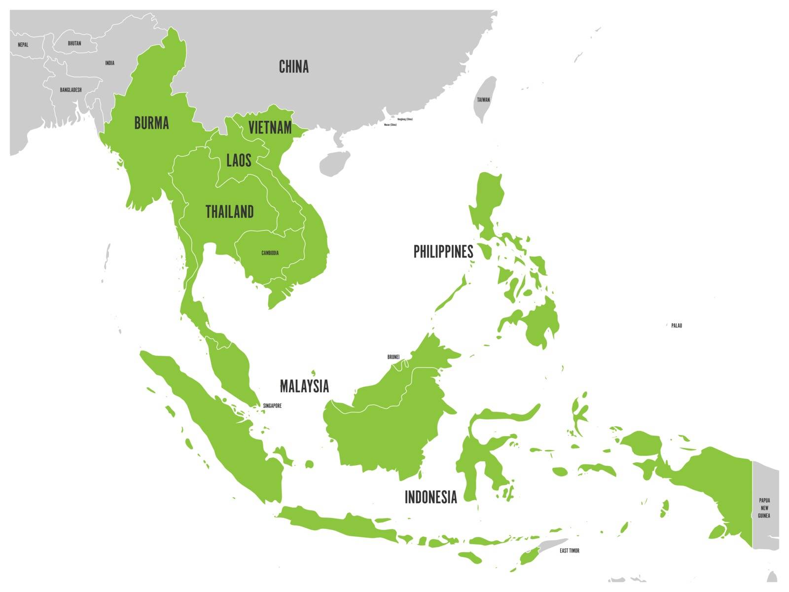 ASEAN Economic Community, AEC, map. Grey map with green highlighted member countries, Southeast Asia. Vector illustration by pyty