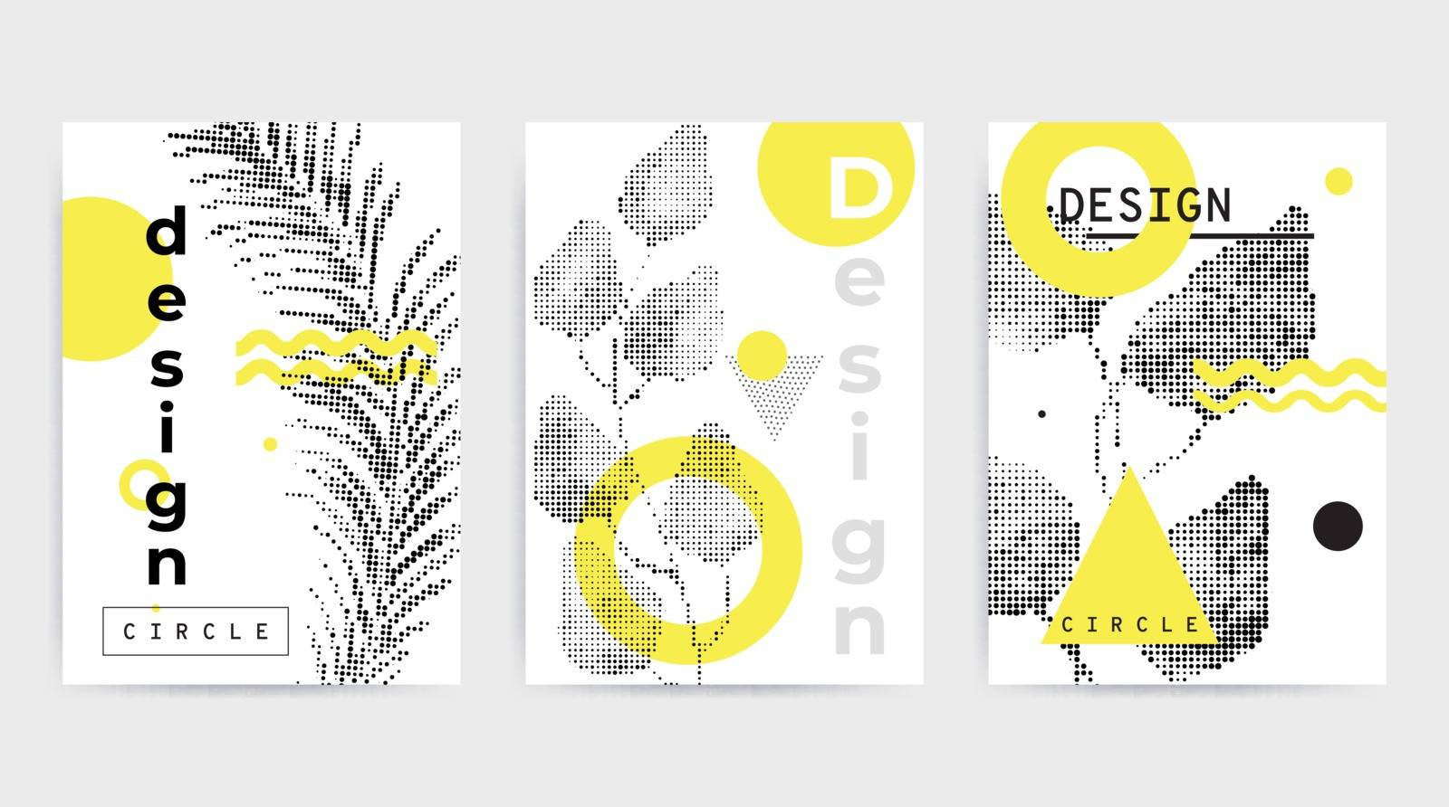 Universal trend posters set juxtaposed with bright bold geometric leaves foliage yellow elements composition. Background in restrained sustained tempered style. Magazine, leaflet, billboard, sale