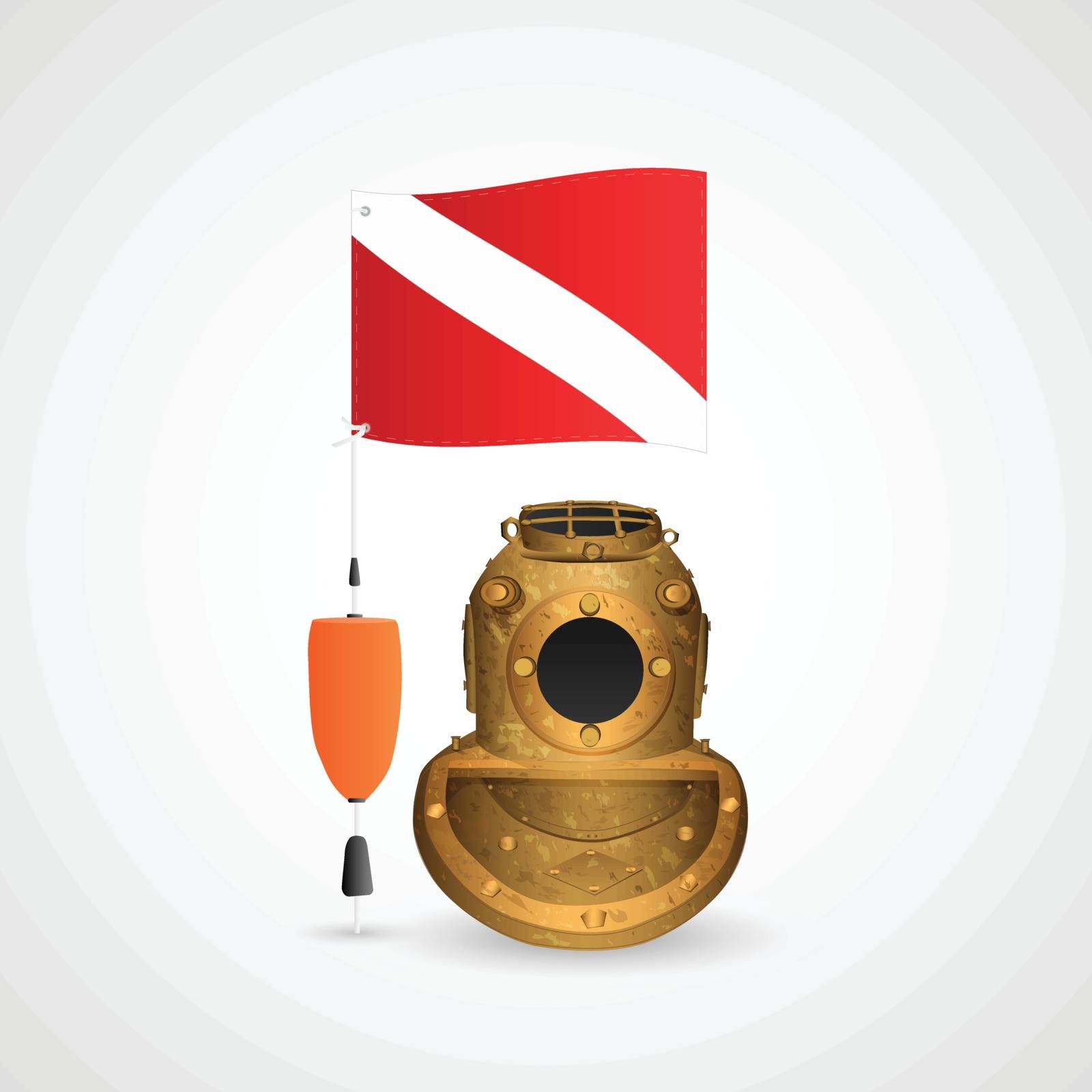 Illustration of a vintage scuba diving helmet and dive flag isolated on a white background.