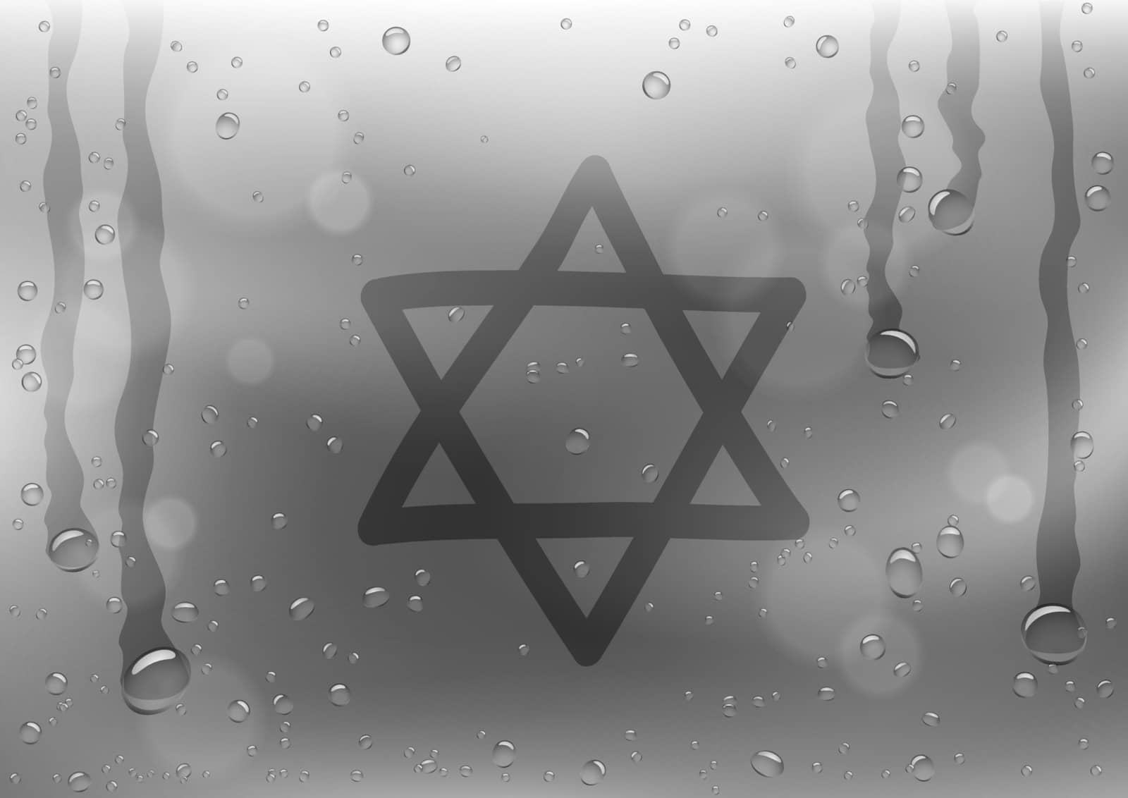 Finger draw star of David sign on rain gray background. Water hand writing religious symbol on glass surface