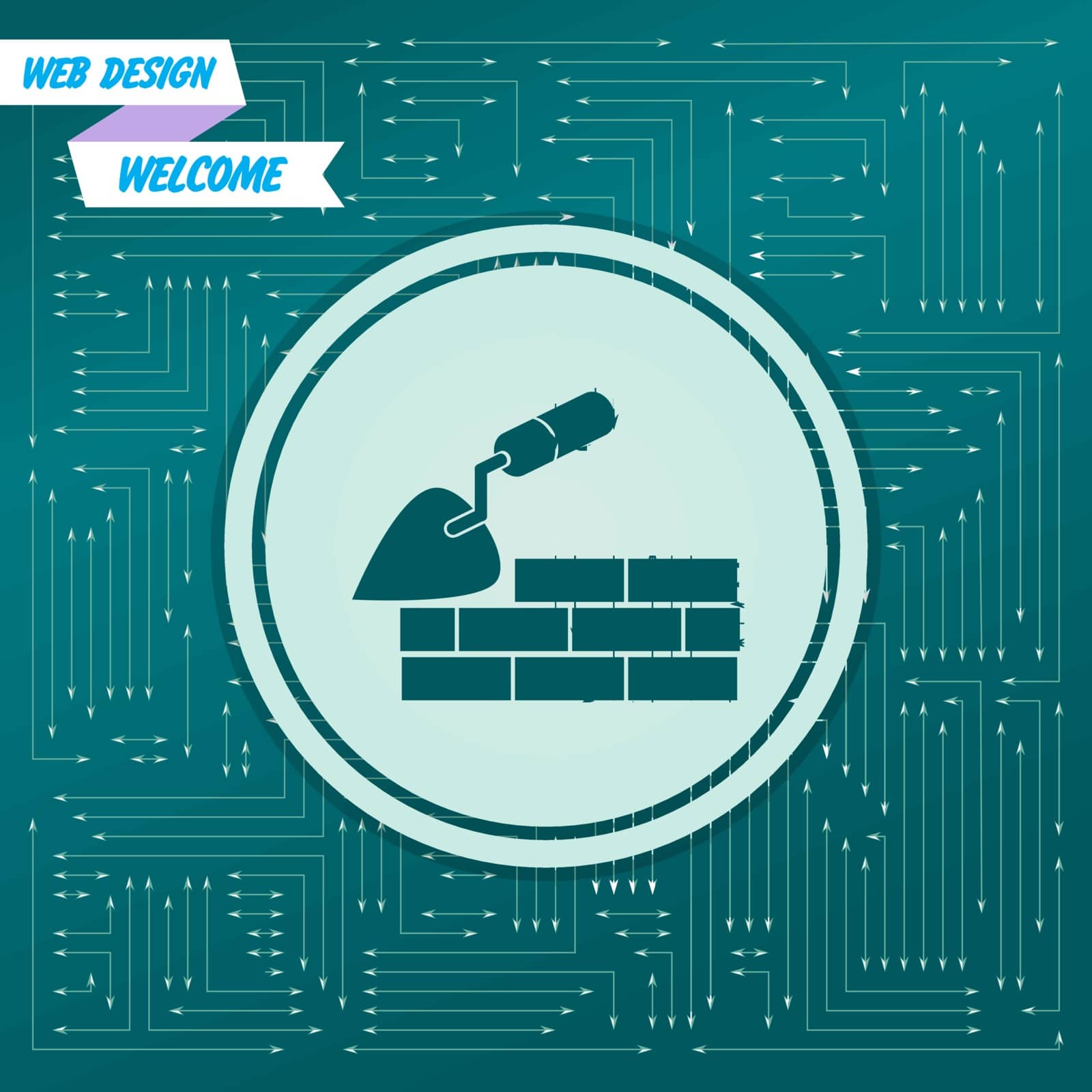 Trowel building and brick wall icon on a green background, with arrows in different directions. It appears on the electronic board. Vector illustration