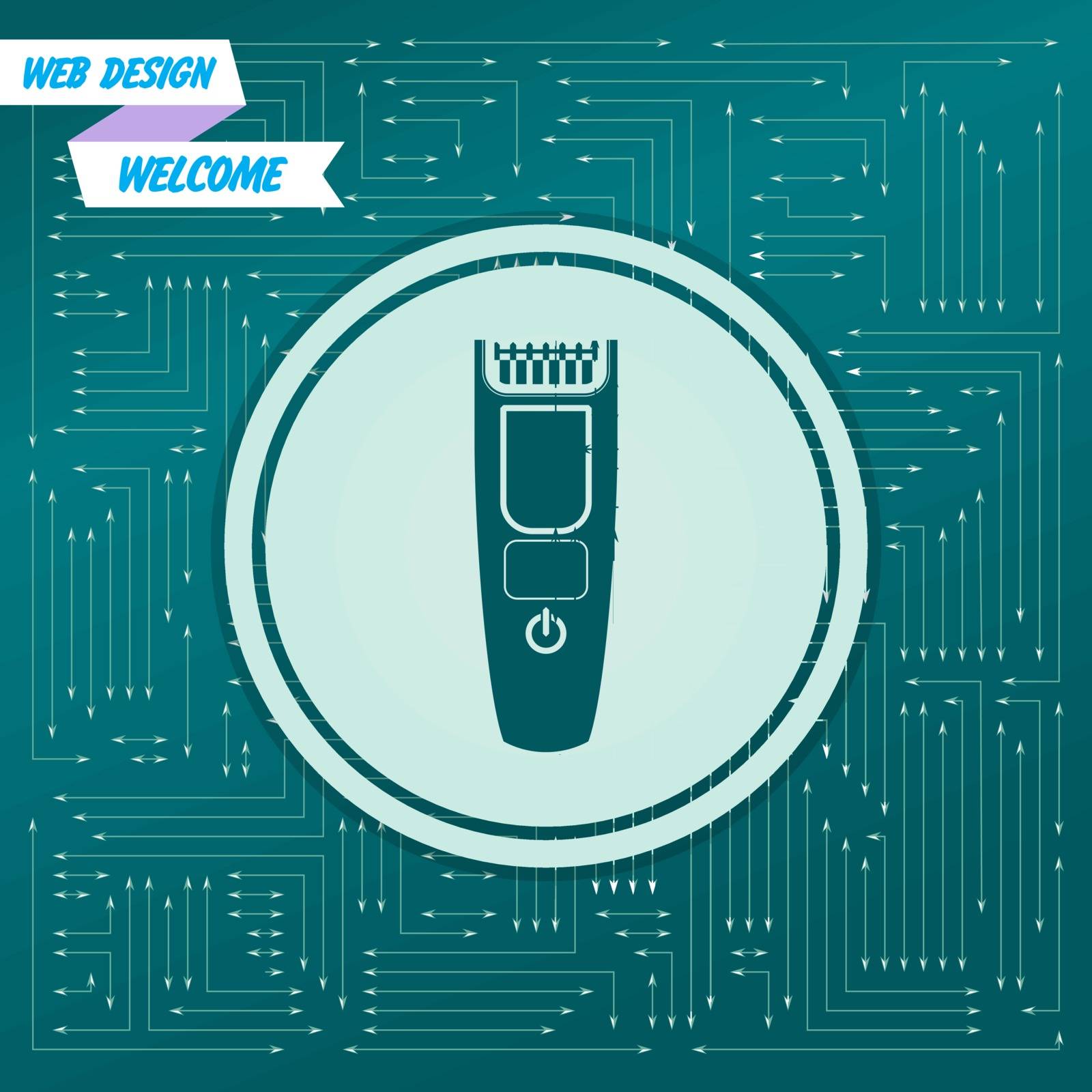 Shaver hairclipper icon on a green background, with arrows in different directions. It appears on the electronic board. Vector illustration