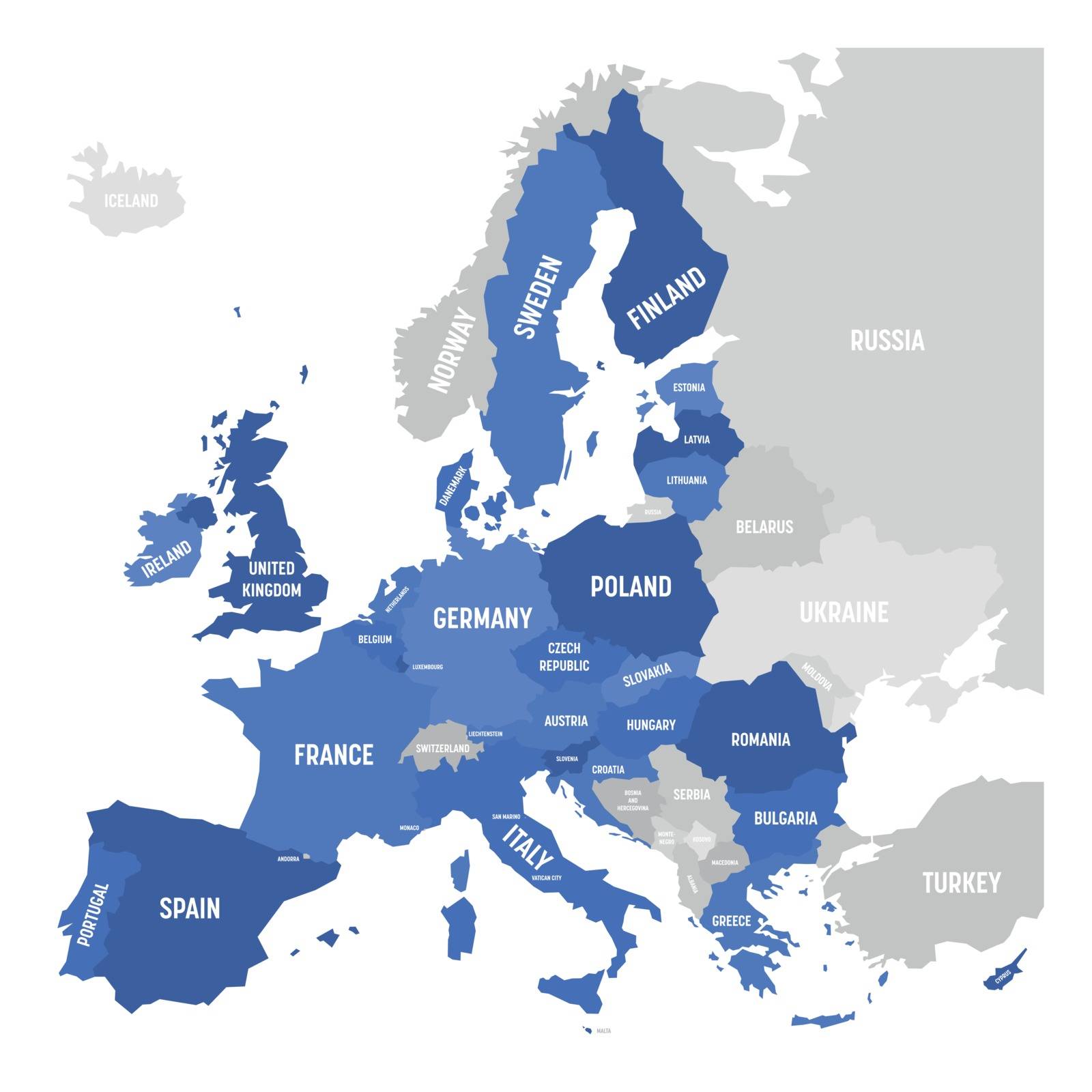 Vector map of EU, European Union in blue colors