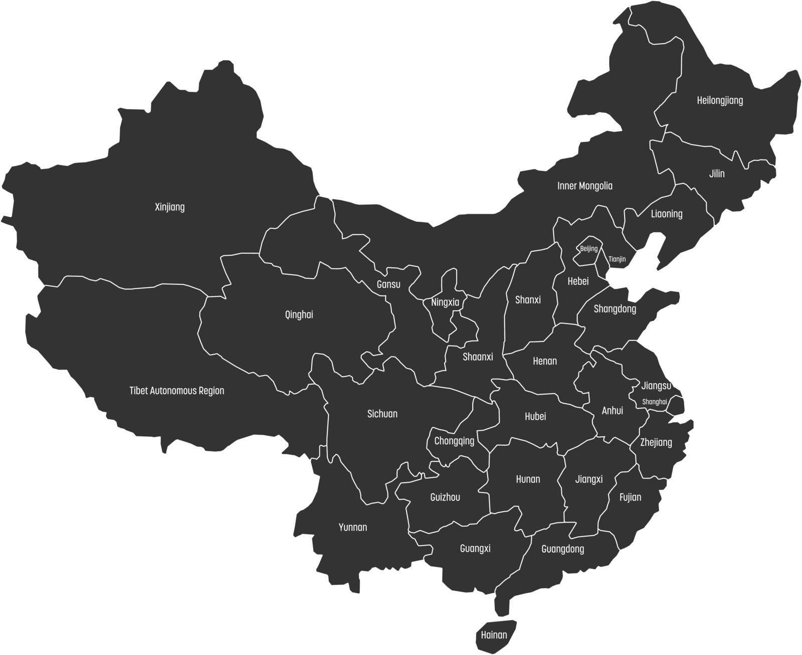 Regional map of administrative provinces of China. Grey map with white labels on white background. Vector illustration by pyty