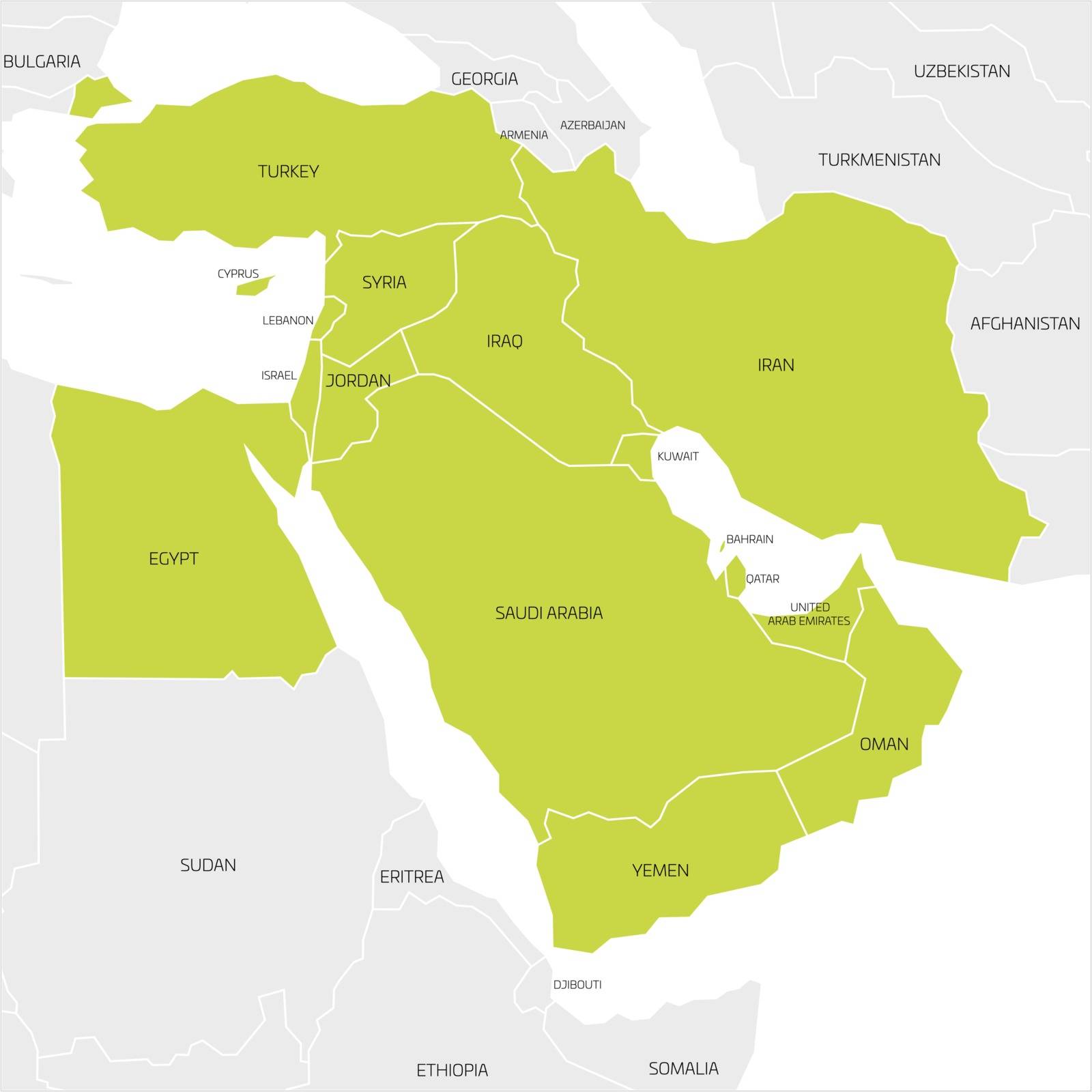 Map of Middle East or Near East transcontinental region with green highlighted Western Asia countries, Turkey, Cyprus and Egypt. Flat map with thin white state borders.
