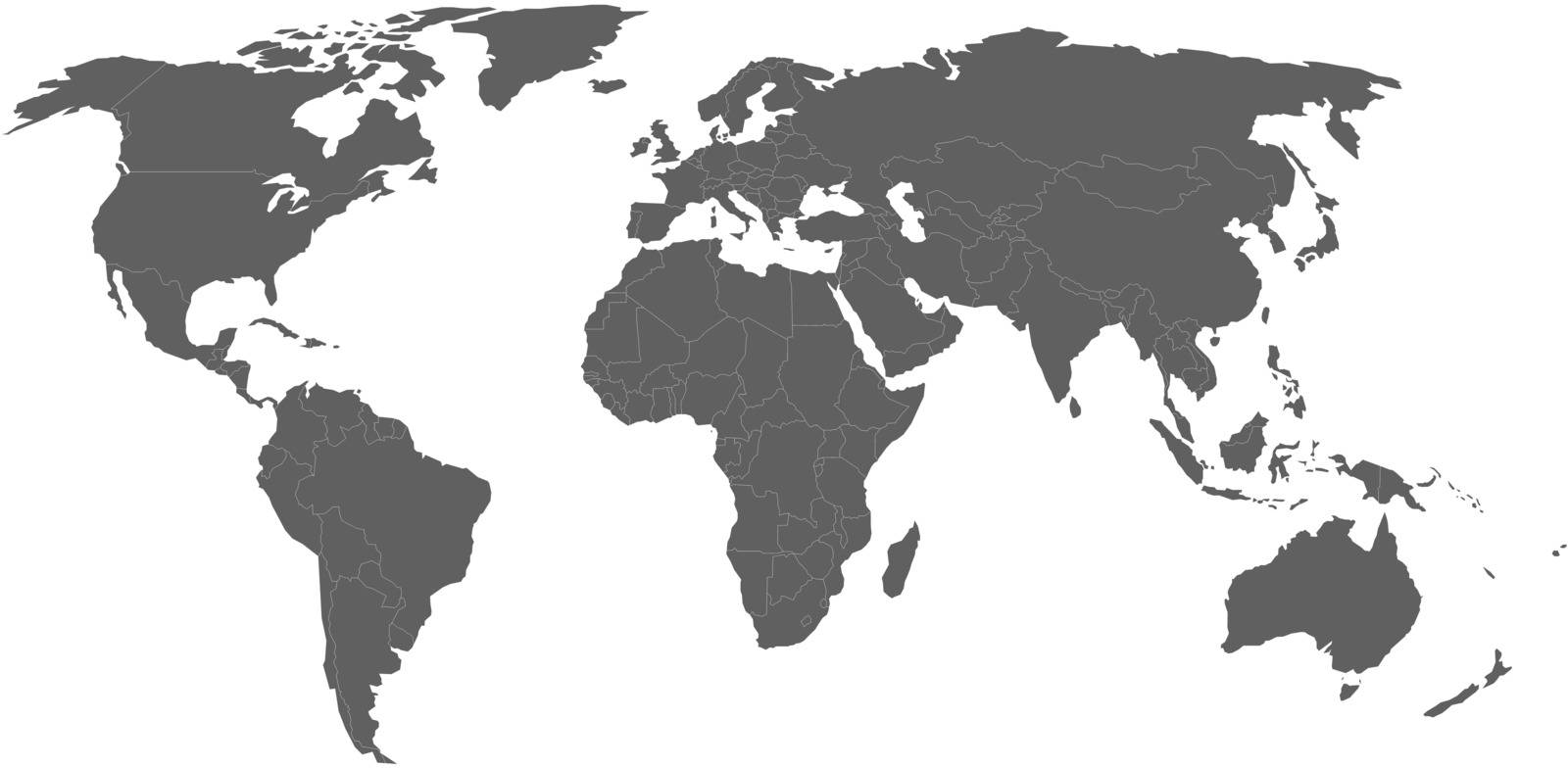 Blank vector world map with sovereign countries and larger dependent territories. Every state is a group of objects in dark grey color with white borders. South Sudan included.