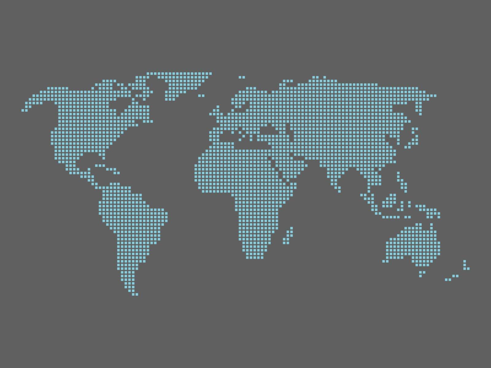 World map tiled by small blue squares on dark grey background.