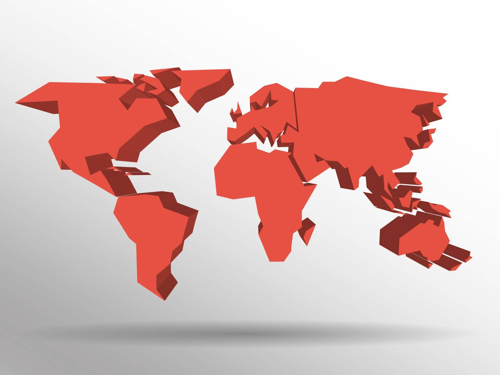 Red 3D map of world with dropped shadow on background. Worldwide theme wallpaper. Rendered three-dimensional EPS10 vector illustration by pyty