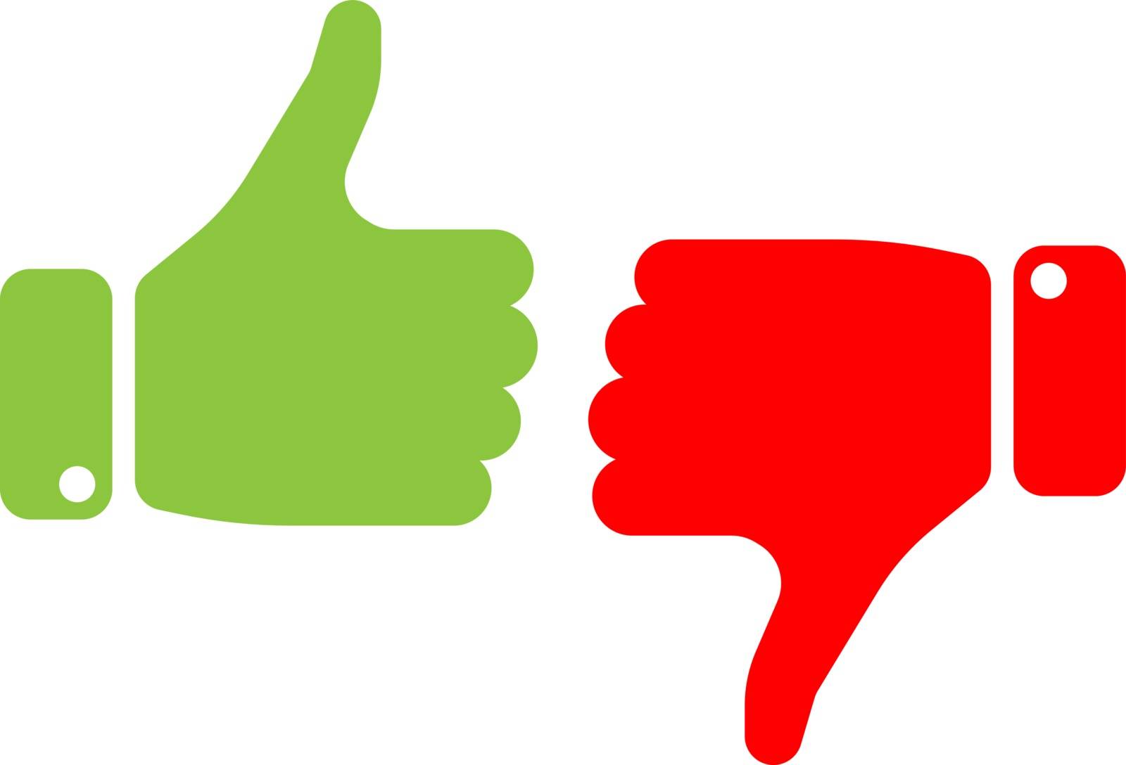 Vote thumbs up icon in red and green . Make a choice, yes or no, love it or hate it, like or dislike win or loss. Vector illustration by pyty