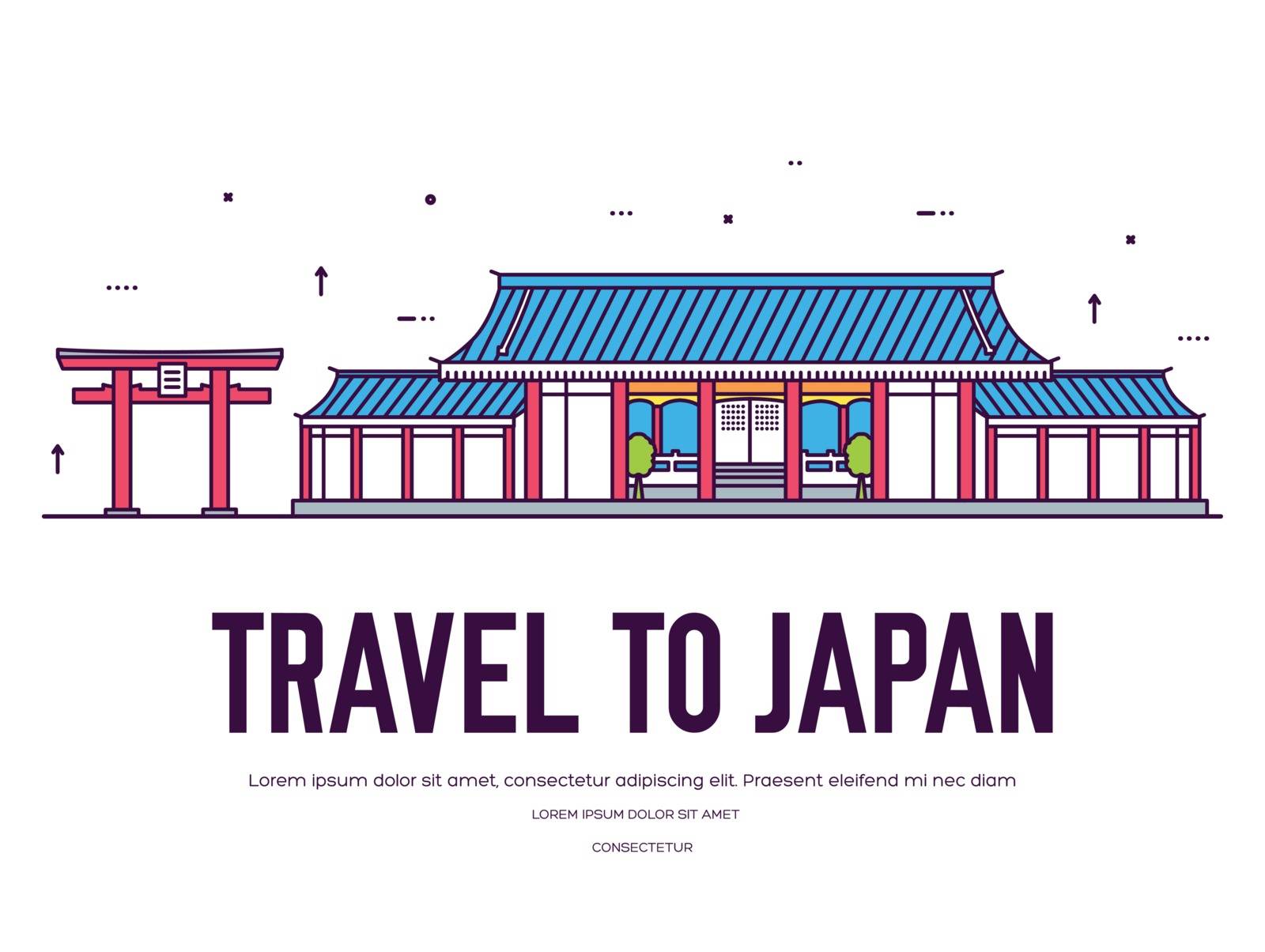 Country Japan travel vacation of place and feature. Set of architecture, item, nature background concept. Infographic traditional ethnic flat, outline, thin line 