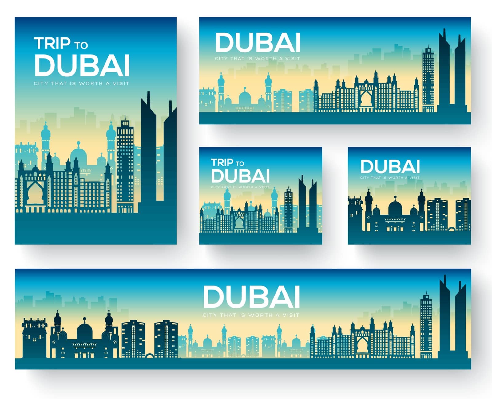 Dubai vector brochure cards set. Country template of flyear, magazines, posters, book cover, banners. Travel invitation concept background. Layout architecture illustrations modern page by Linetale