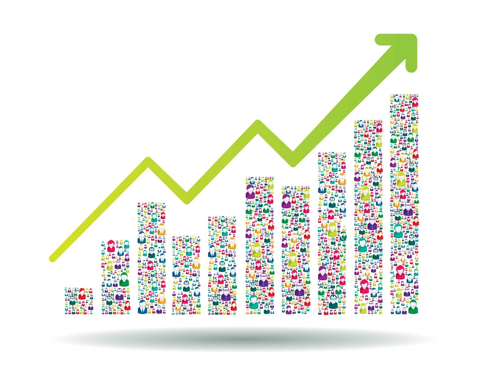 Growth chart and progress leading to success. Growth graph with people icons.