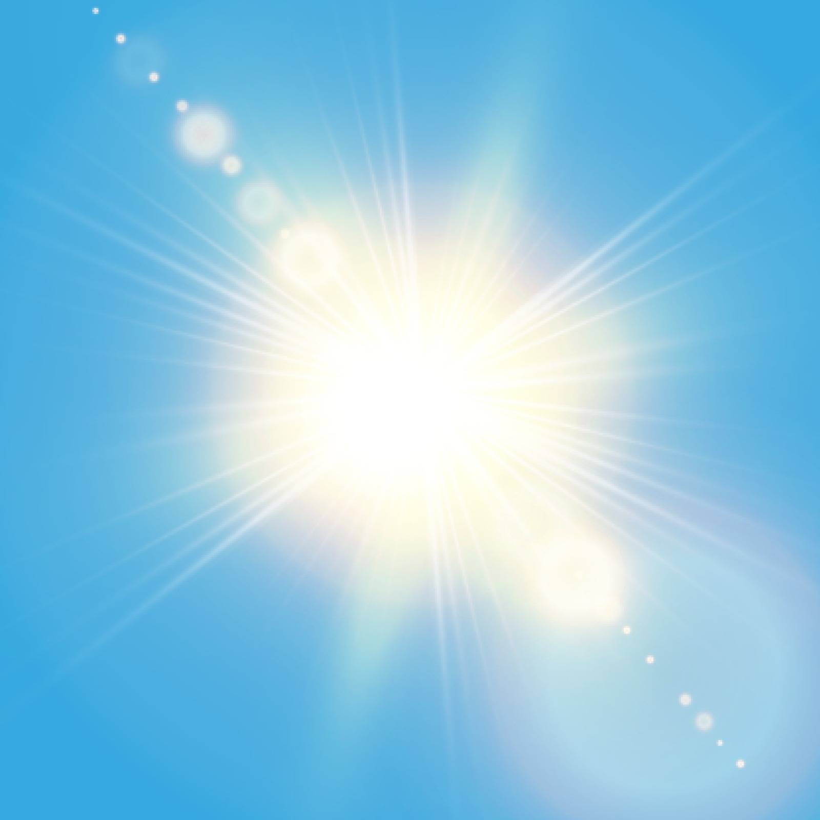 Realistic shining sun with lens flare. Blue sky with clouds background. Vector illustration by Denzelll