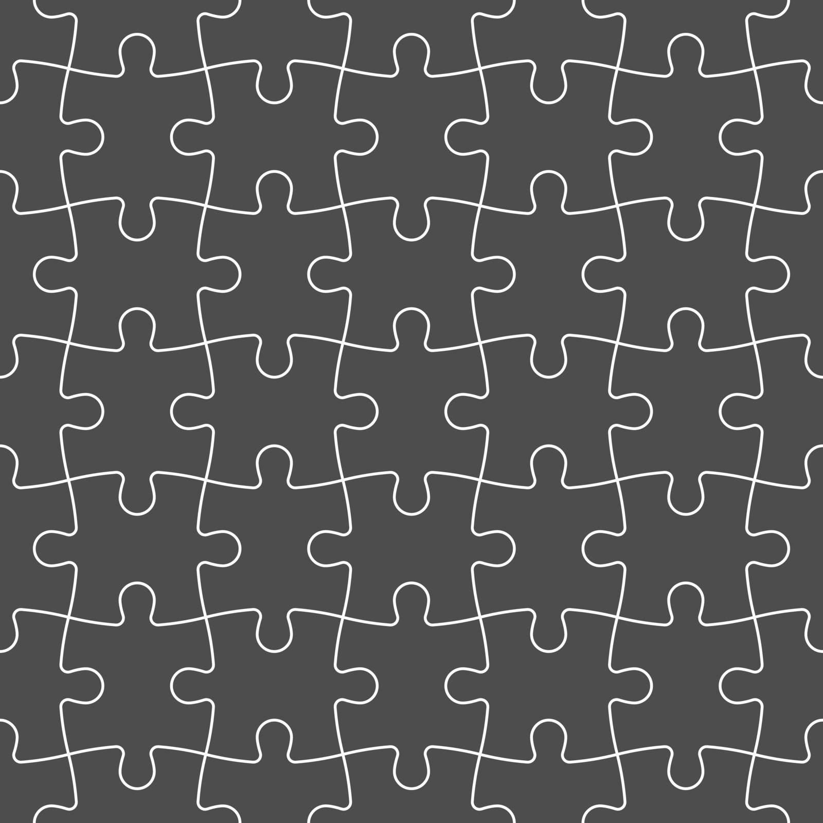 Jigsaw puzzle seamless background. Mosaic of grey puzzle pieces with white outline in linear arrangement. Simple flat vector illustration.