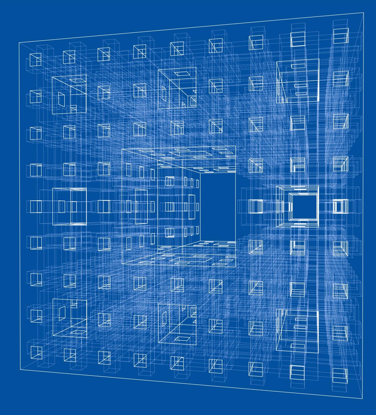 Abstract boxes outlined vector rendering of 3d. The layers of visible and invisible lines are separated