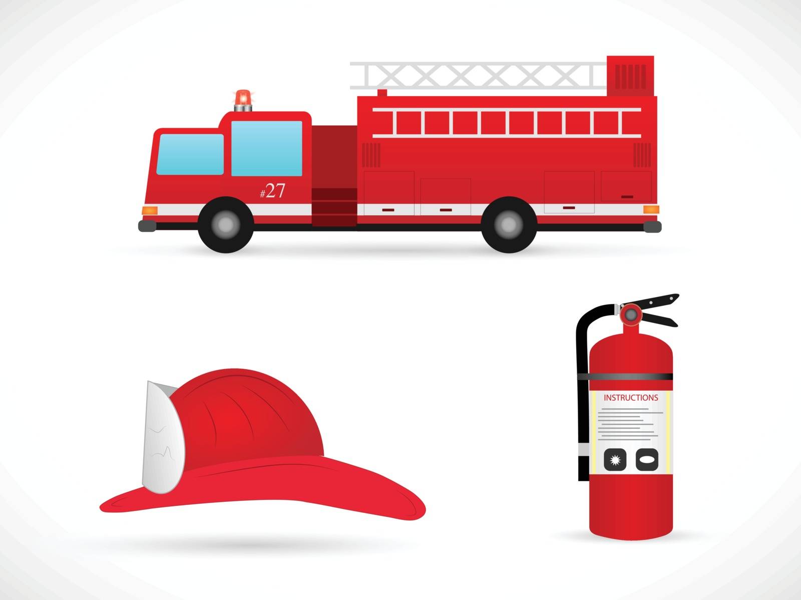 Illustration of a fire truck, hat and extinguisher isolated on a white background.