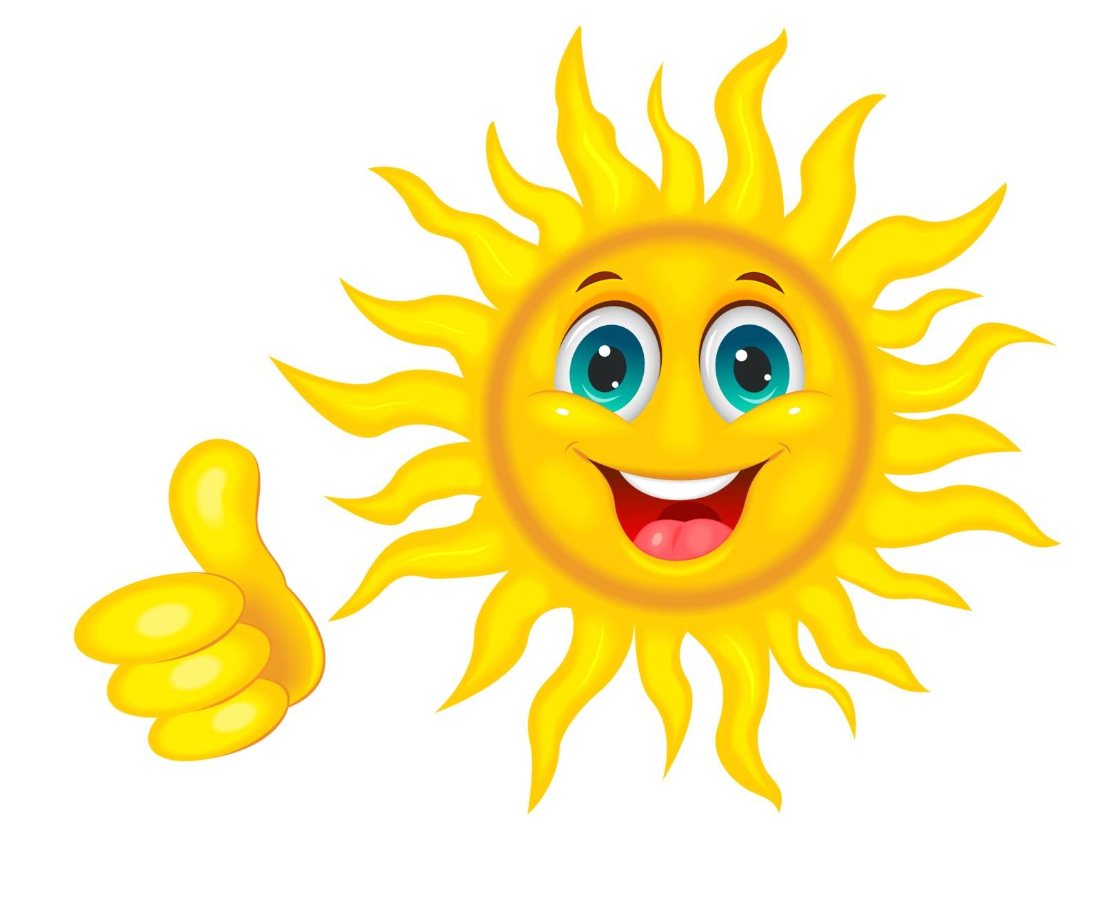 A cheerful cartoon sun on a white background. Smiling sun and hand with a finger raised up.