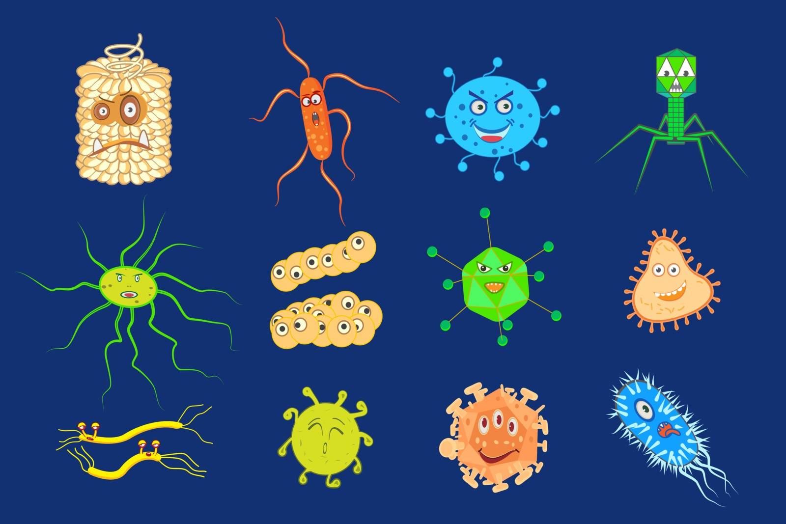 Good bacteria and bad bacteria cartoon characters isolated on white. Set of funny bacterias germs in flat cartoon style. Good and bad microbes. Enteric bacteria, gut and intestinal flora.