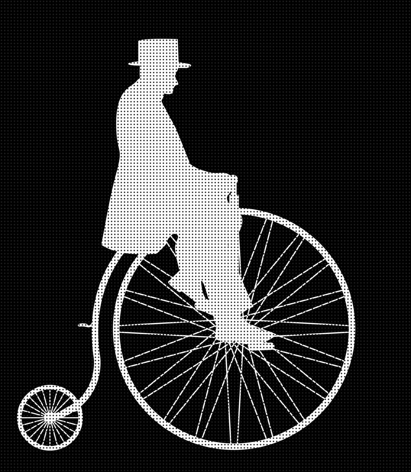 A retro penny farthing gentleman silhouette isolated on a black background