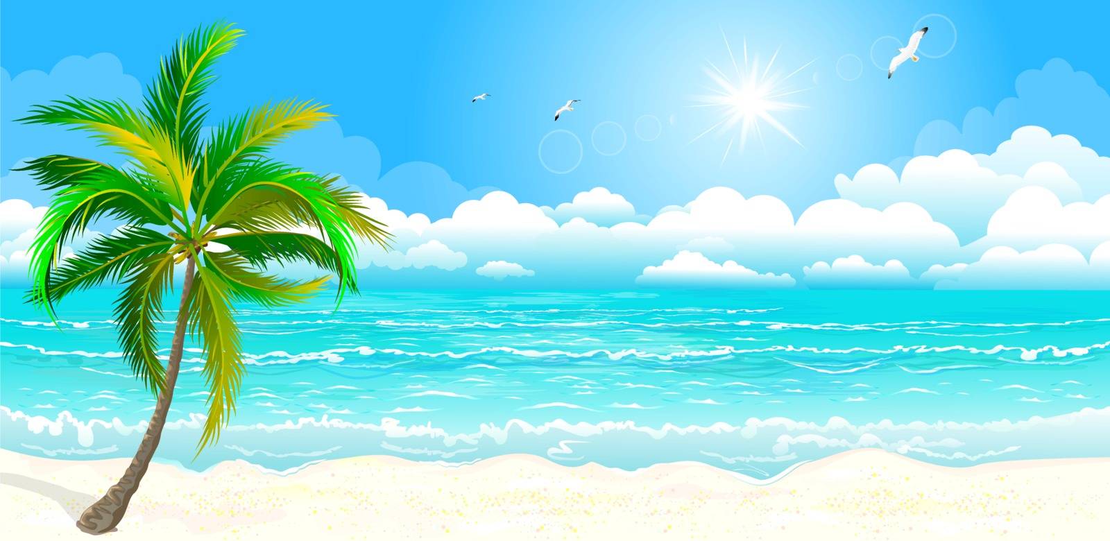 Landscape of the tropical shore. The landscape of the sea shore with palm tree. Sea shore with palm tree, sky and sun. Palm tree against the sky, the sea and the sun.