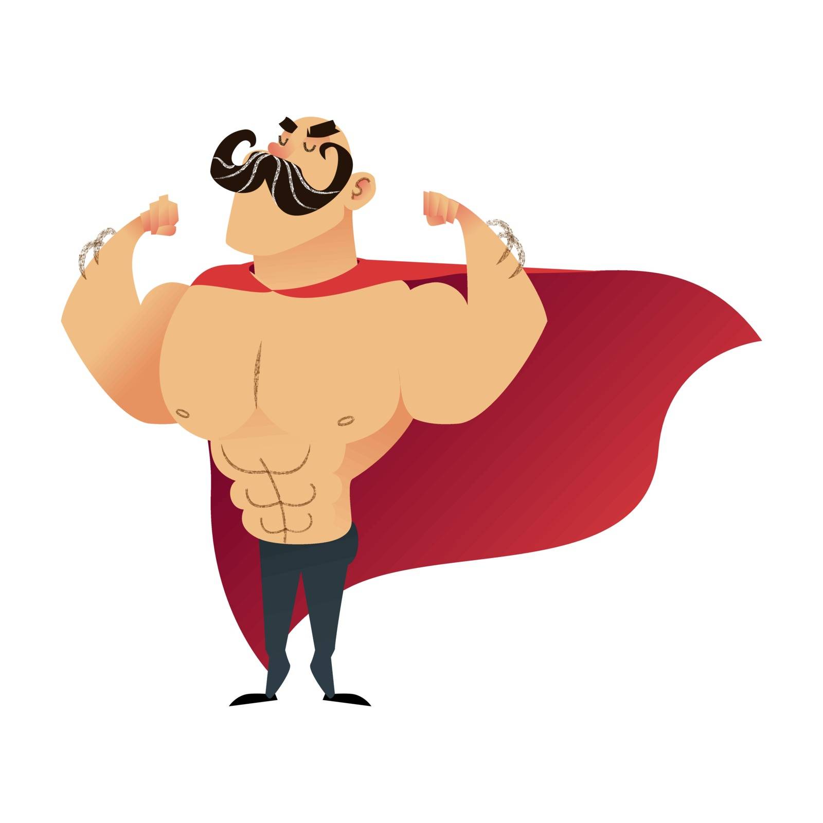 Strong cartoon funny superhero. Power super hero man with cape. Flat vector athlete character. Muscular brutal athletic guy with mustache. Strongman proudly shows his muscles in strong arms. by Elena_Garder