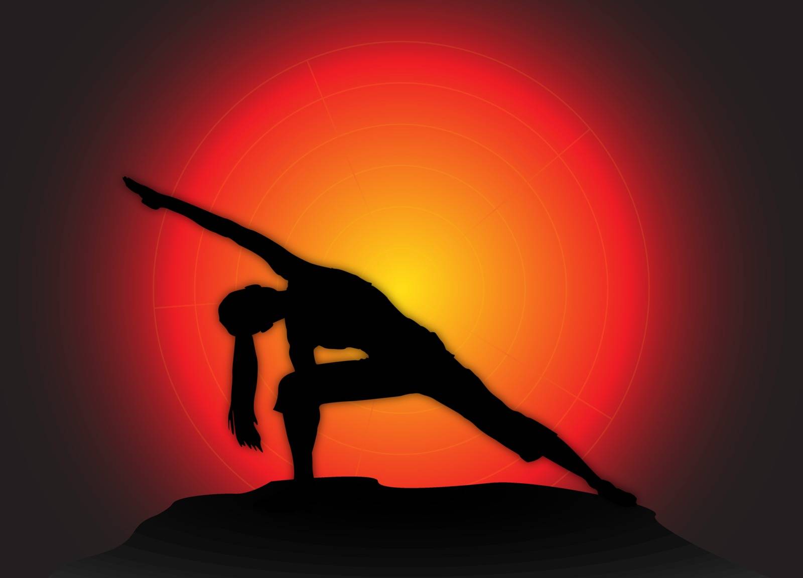 A yoga woman silhouette performing extended angle pose on a dark colourful background 