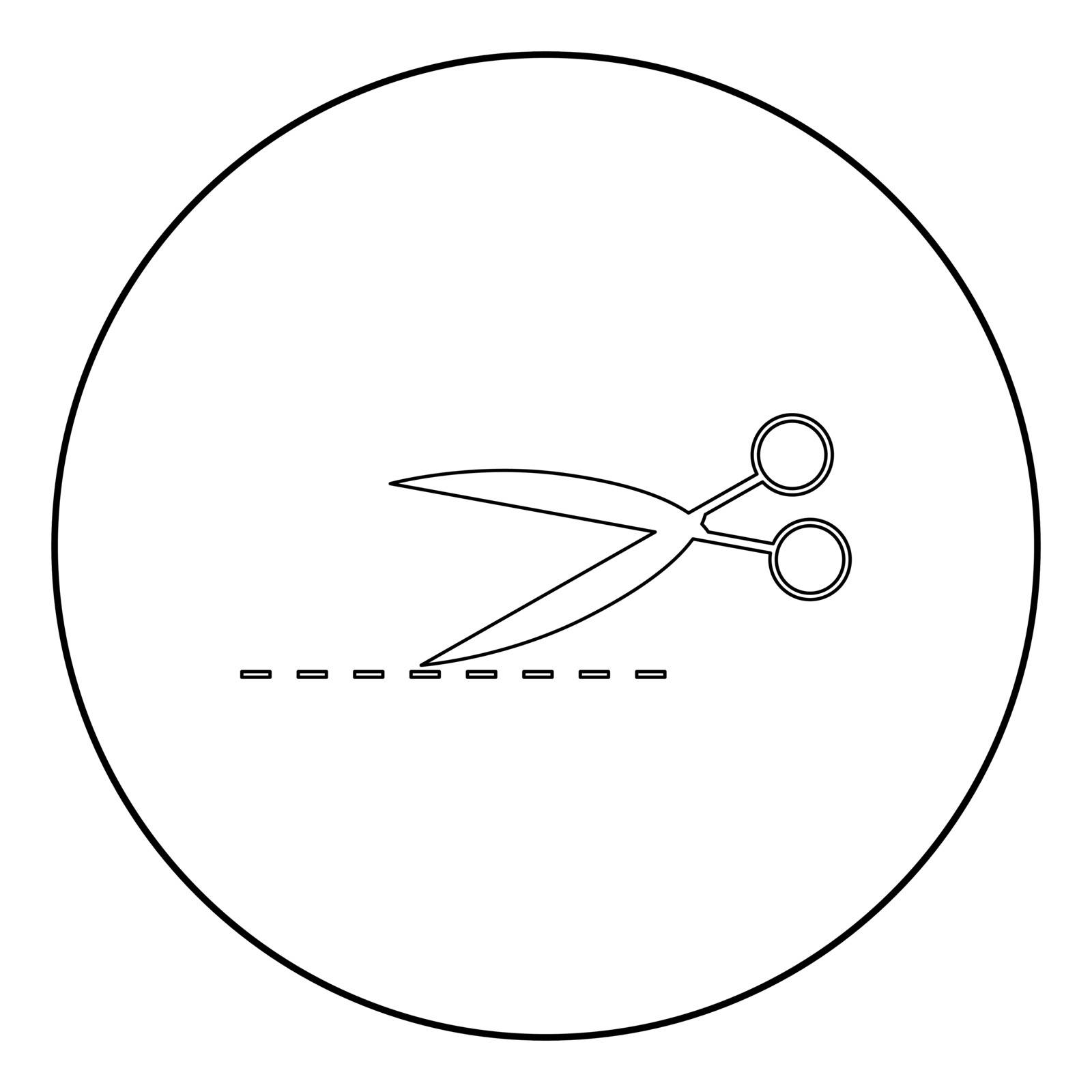 Scissor with cut line icon black color in circle or round vector illustration