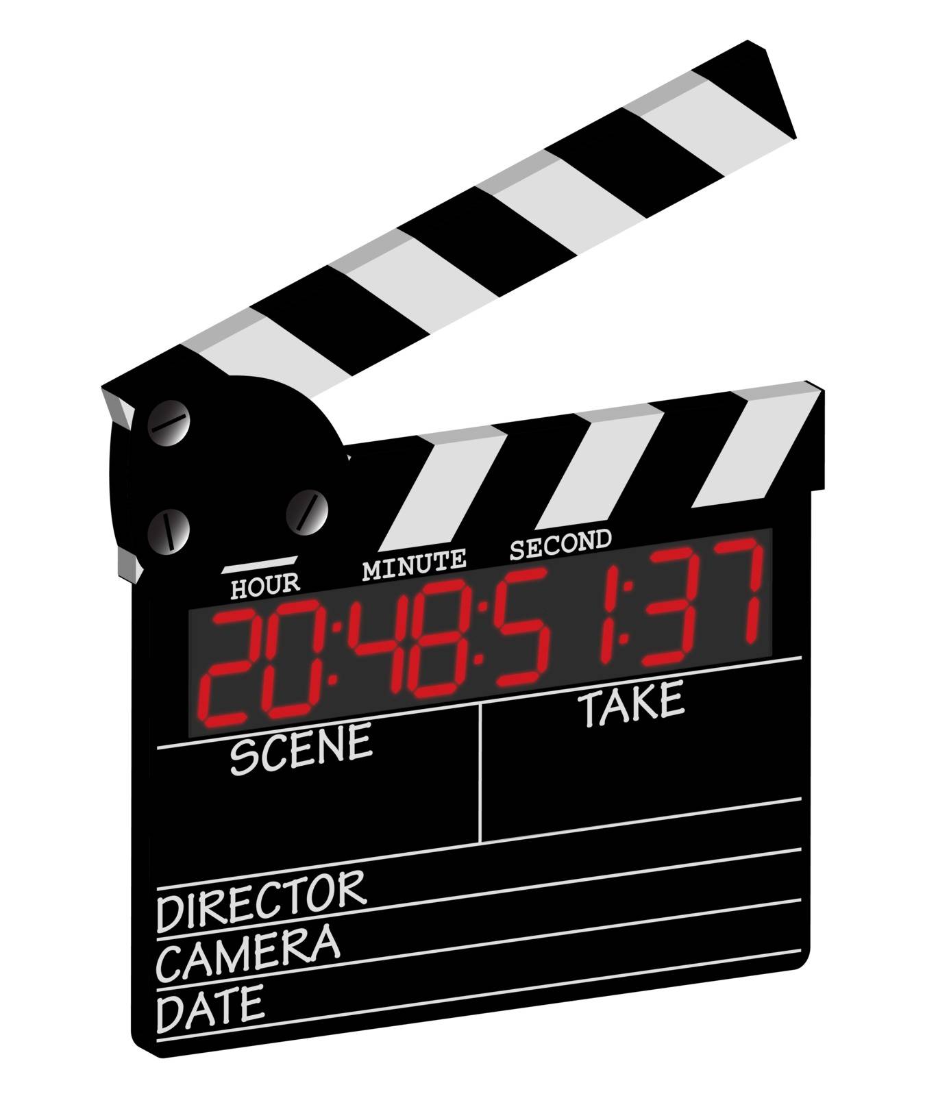 A director's 3d digital clapper board isolated on a white background