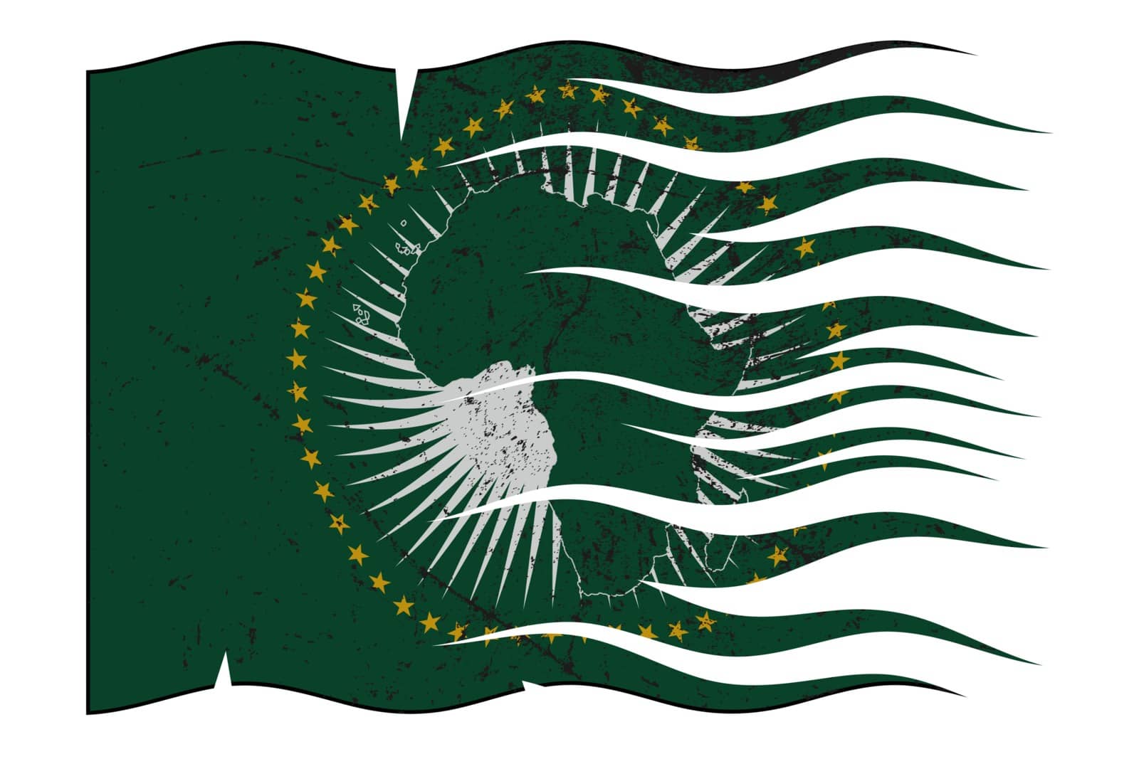 A wavy and grunged African Union flag design isolated on a white background