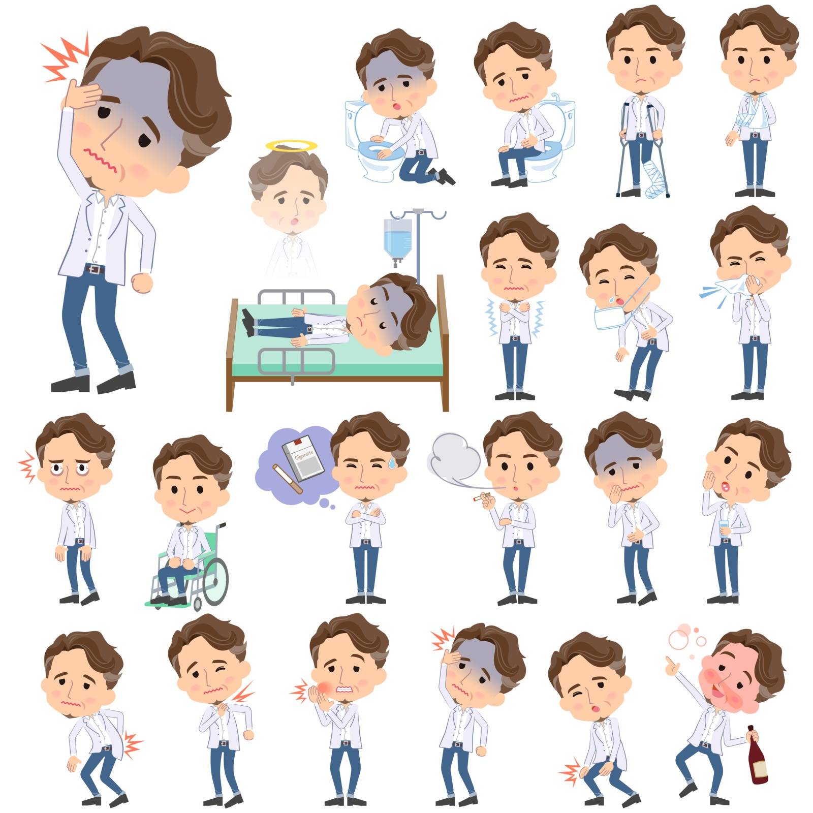 Set of various poses of wild Middle aged man sickness