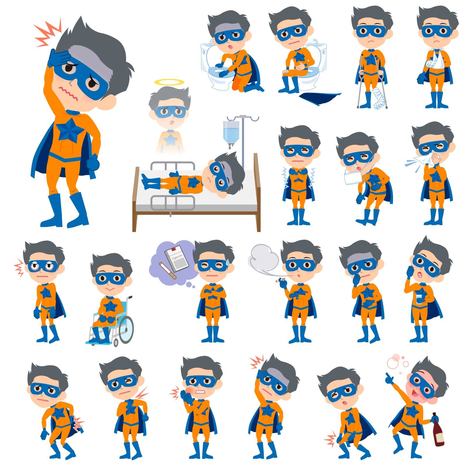 Set of various poses of super hero man orange Blue sickness