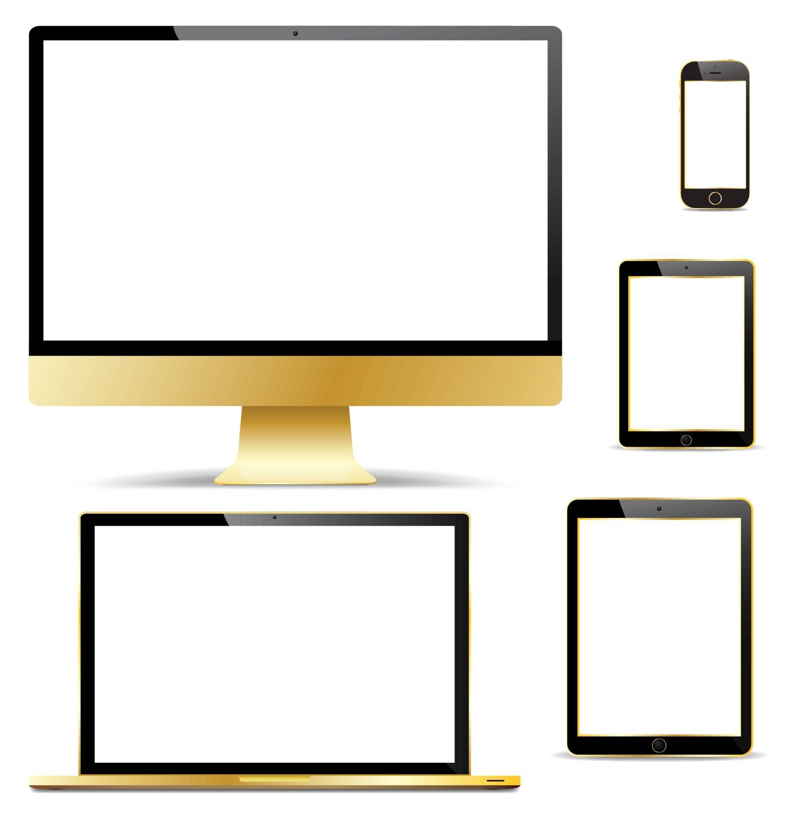 A selection of realistic gold computers isolated on a white background