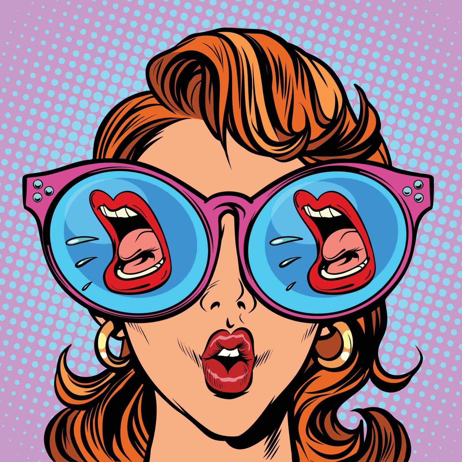 Woman with sunglasses. screaming mouth in the reflection. Comic cartoon pop art retro illustration vector kitsch drawing