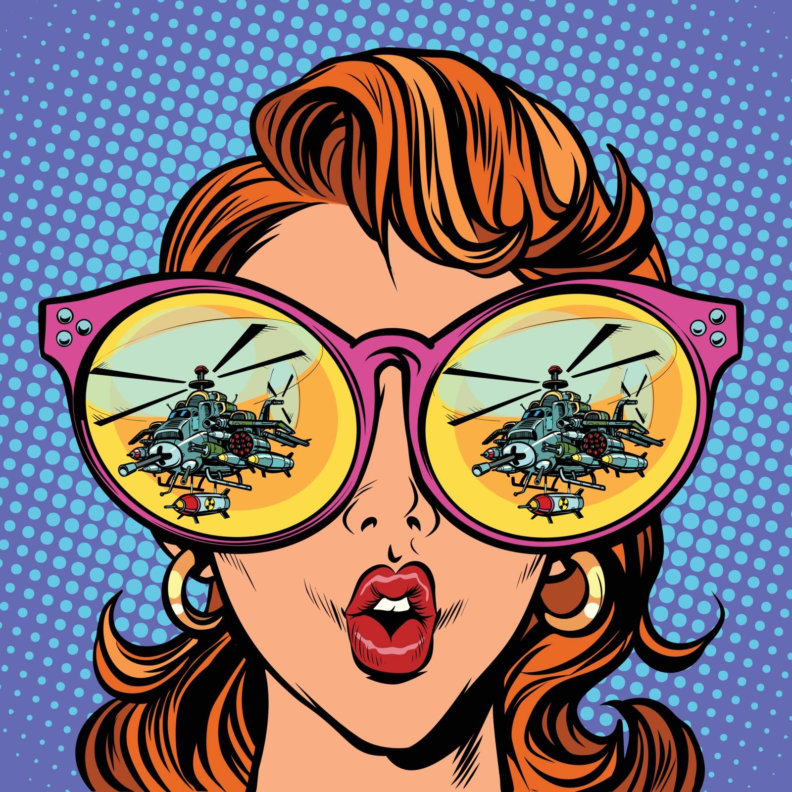 Woman with sunglasses. military helicopter in reflection. Comic cartoon pop art retro illustration vector kitsch drawing