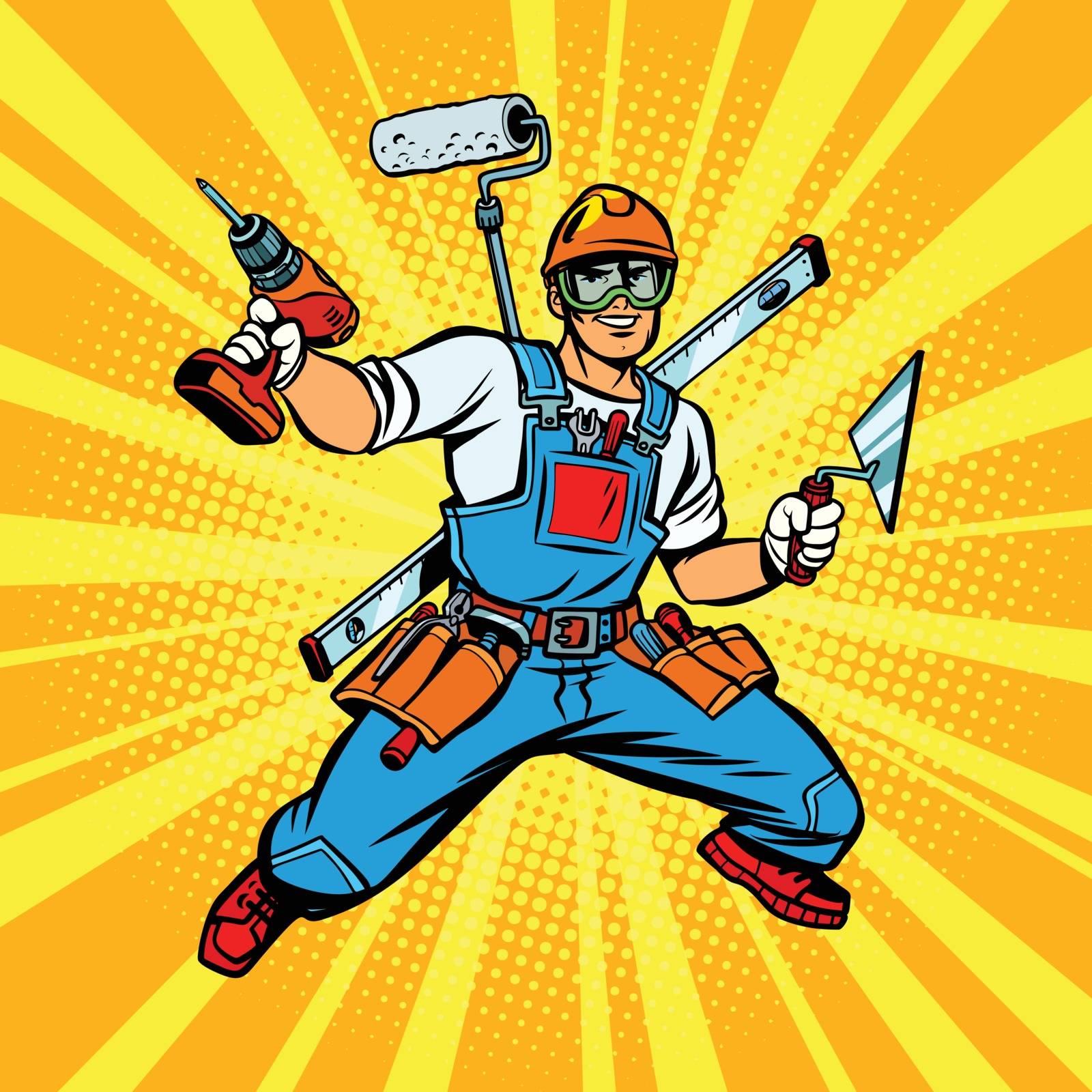 Multi-armed Builder repairman. Comic cartoon pop art retro vector illustration kitsch vintage drawing