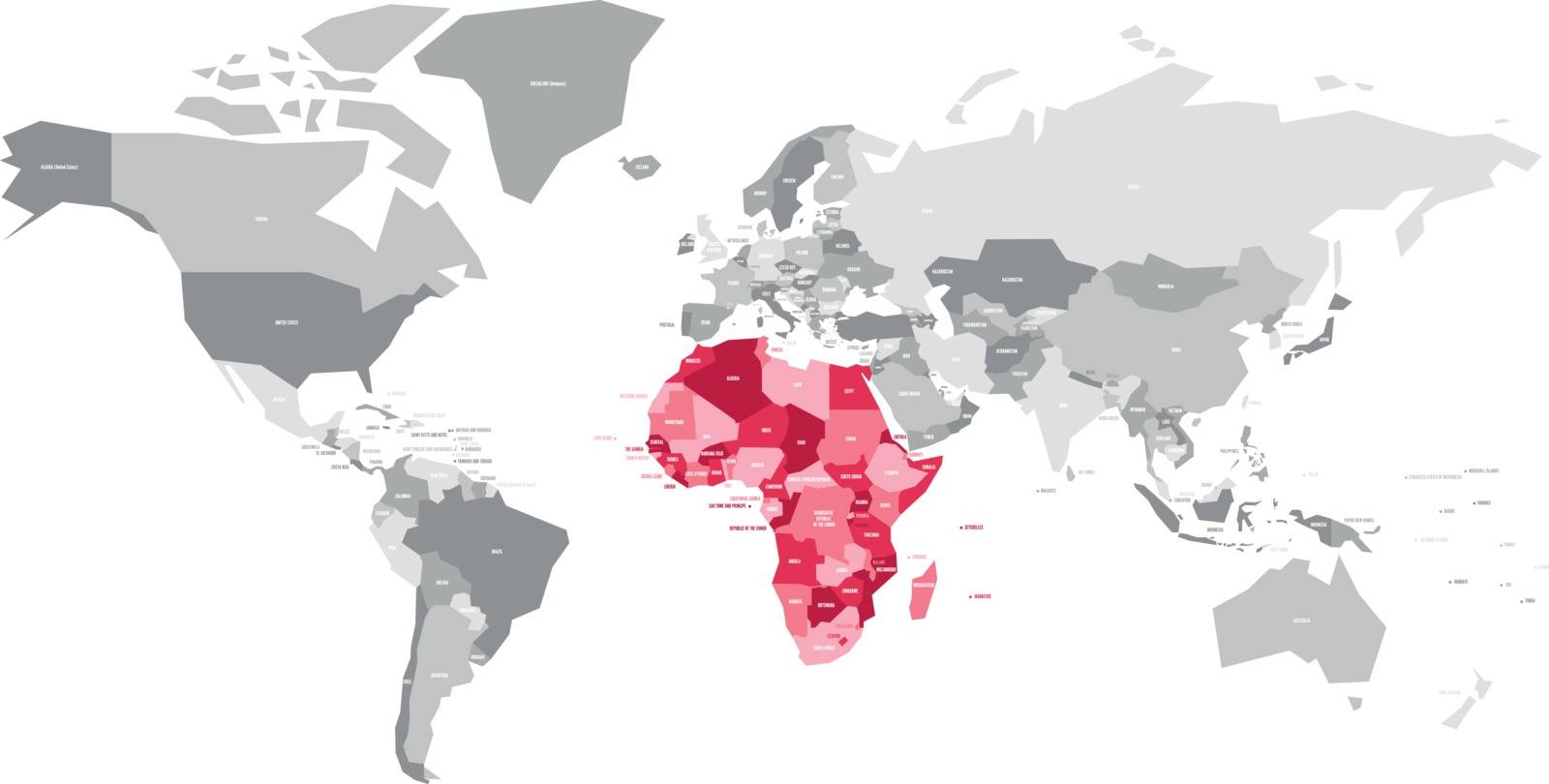 Map of World in grey colors with red highlighted countries of Africa. Vector illustration.
