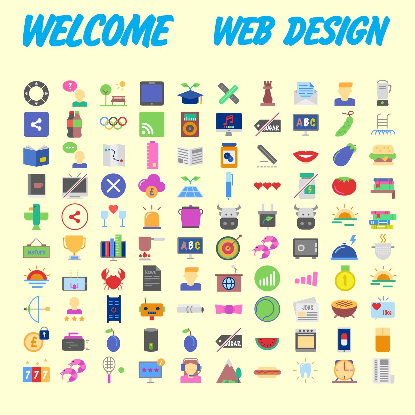 Set of 100 flat web icons on following themes - SEO and development, creative process, business and finance, office and business, security and protection, shopping and commerce. Vector illustration