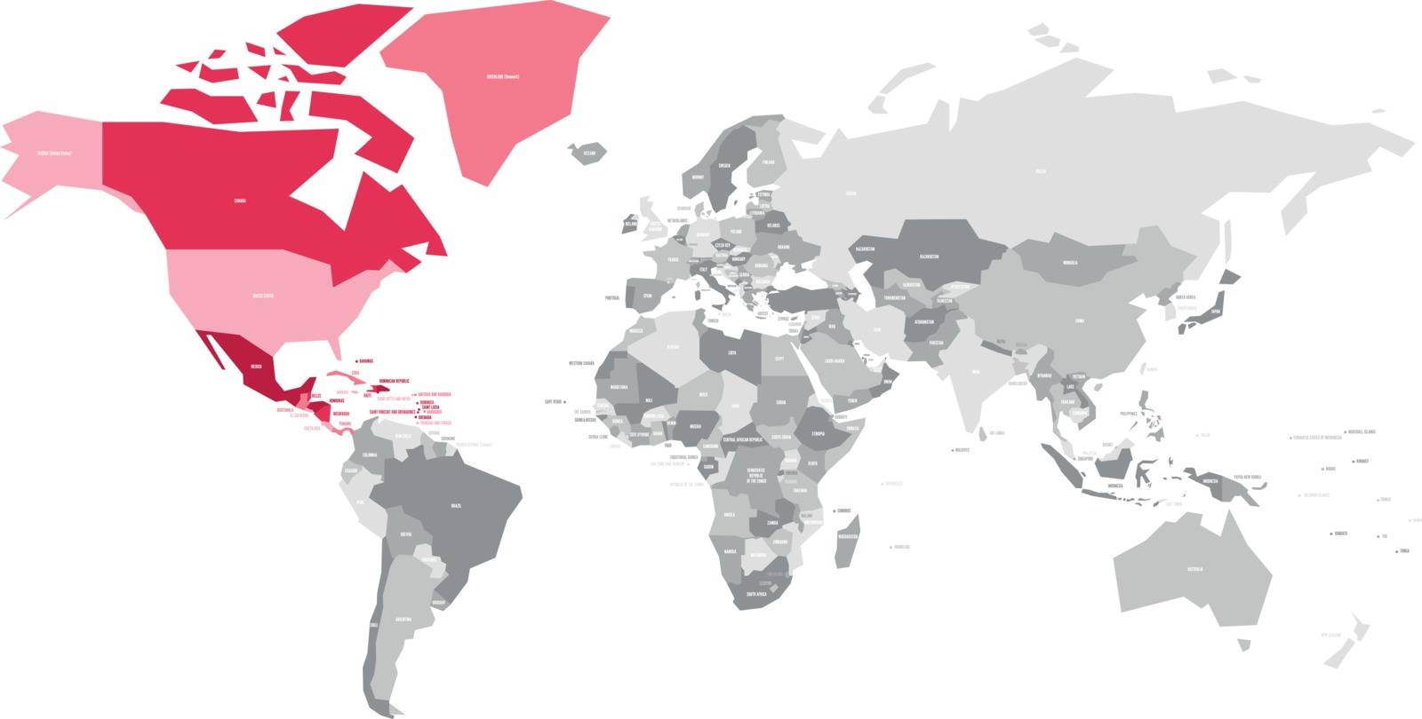 Map of World in grey colors with red highlighted countries of North America. Vector illustration.