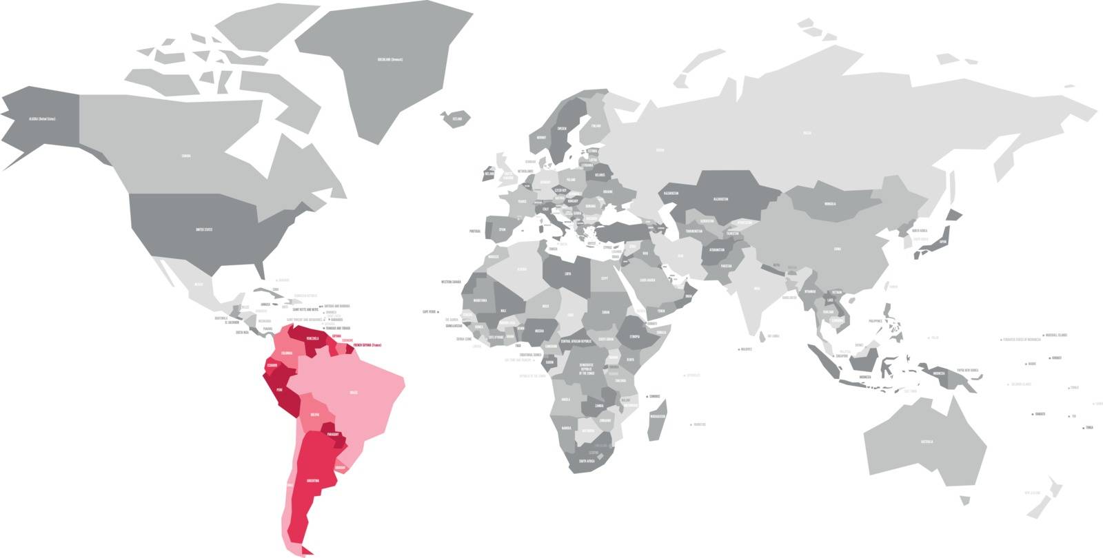 Map of World in grey colors with red highlighted countries of South America. Vector illustration.