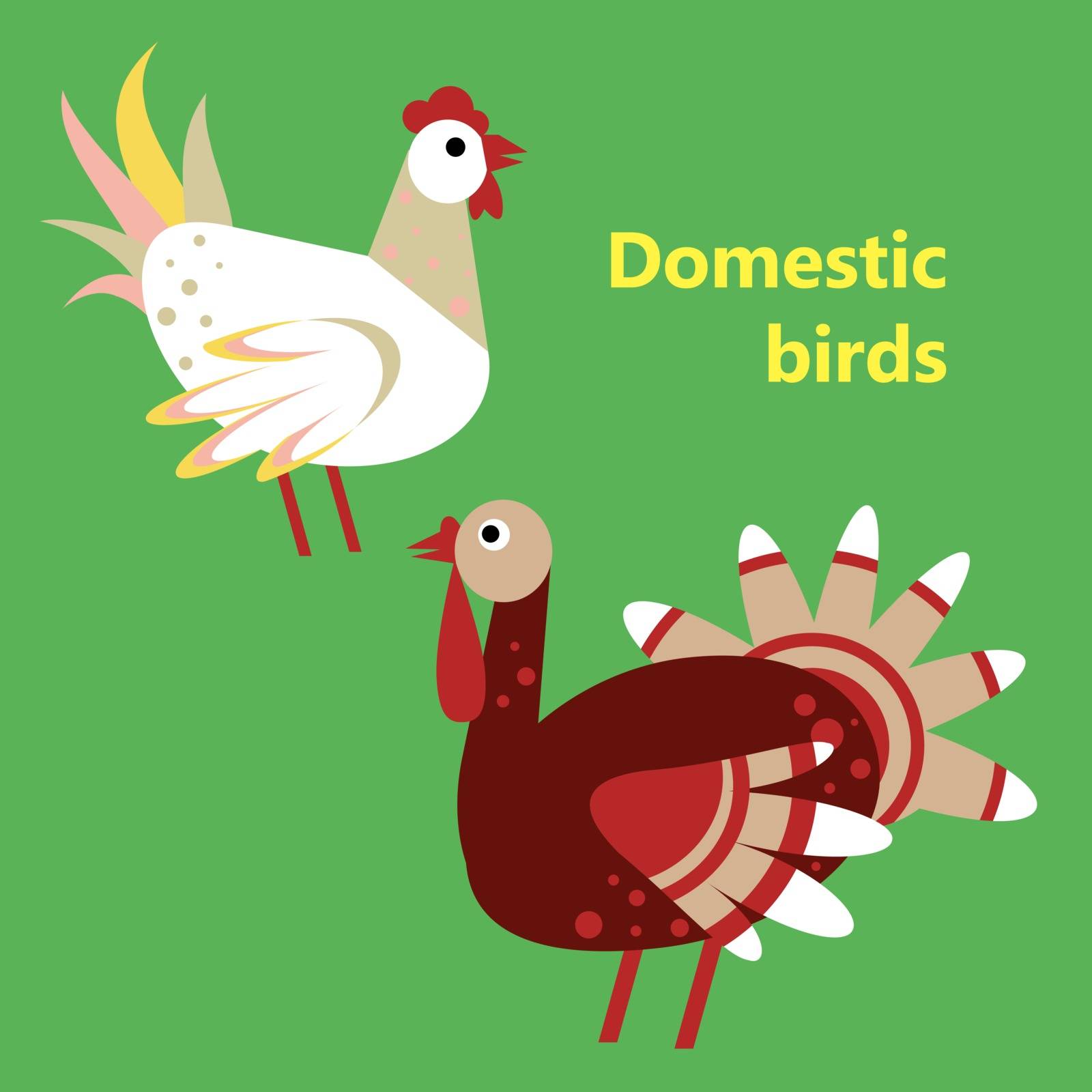 The Domestic birds rooster and turkey on simple color background. Educational flashcard for teaching preschool in kindergarten. Colorful flat cartoon style illustration.