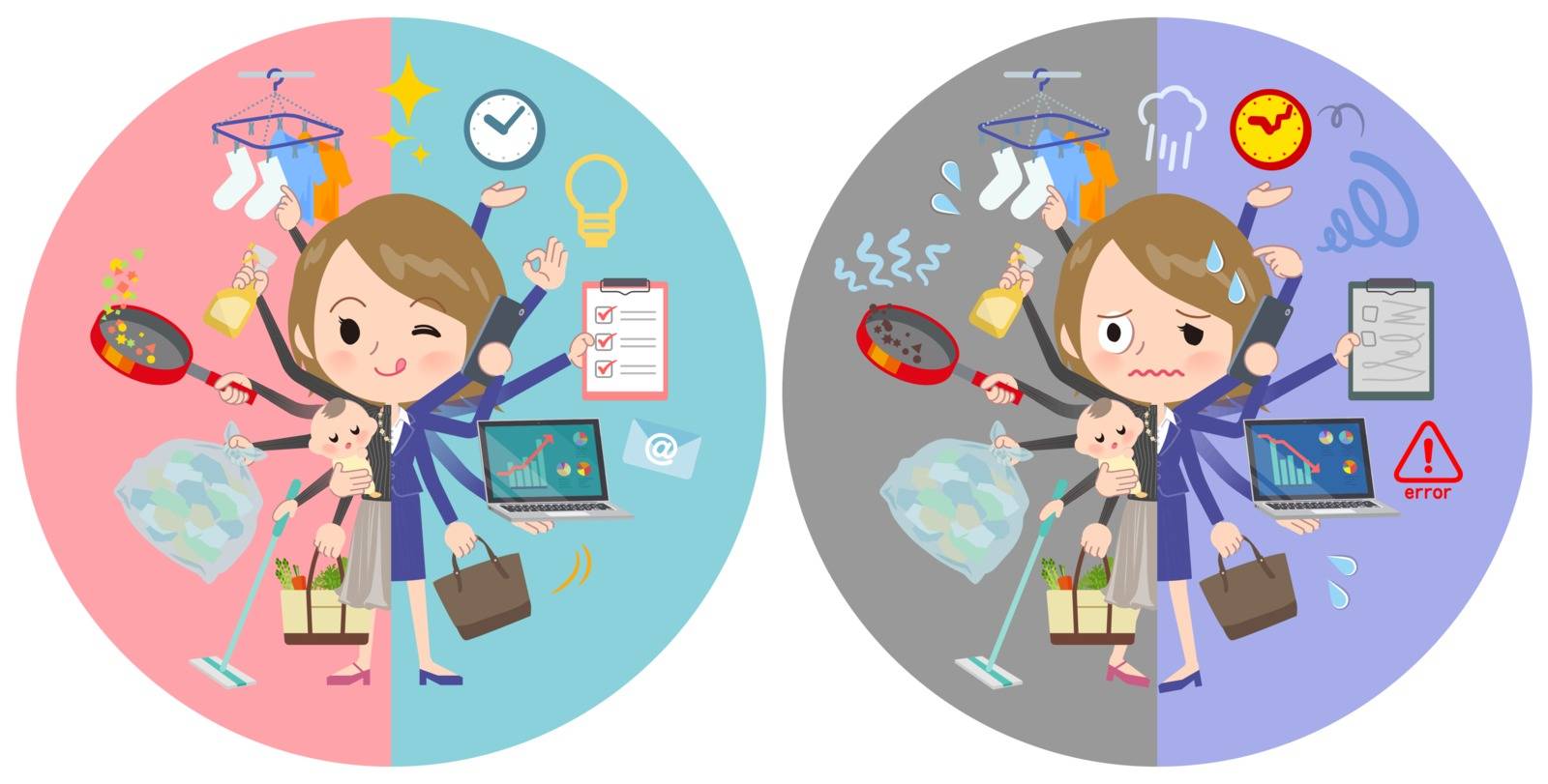A set of women who perform multitasking in offices and private.
There are things to do smoothly and a pattern that is in a panic.
It's vector art so it's easy to edit.